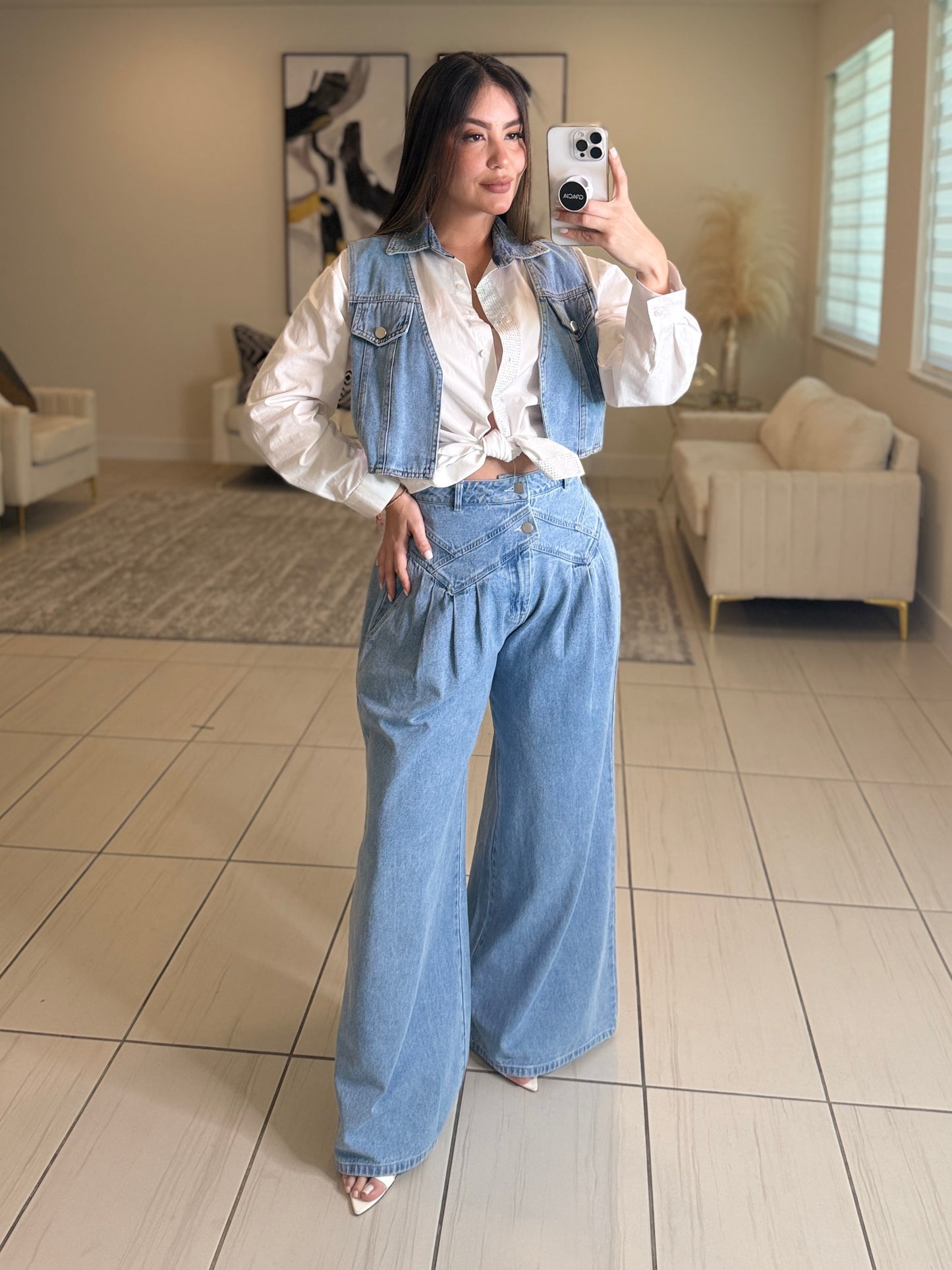 Pintuck Wide Leg Denim Pants