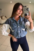 Bow Contrast White and Denim Shirt