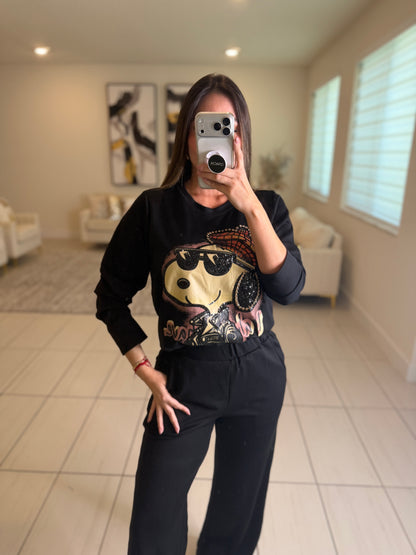 Funny Rhinestones Black Pant Set