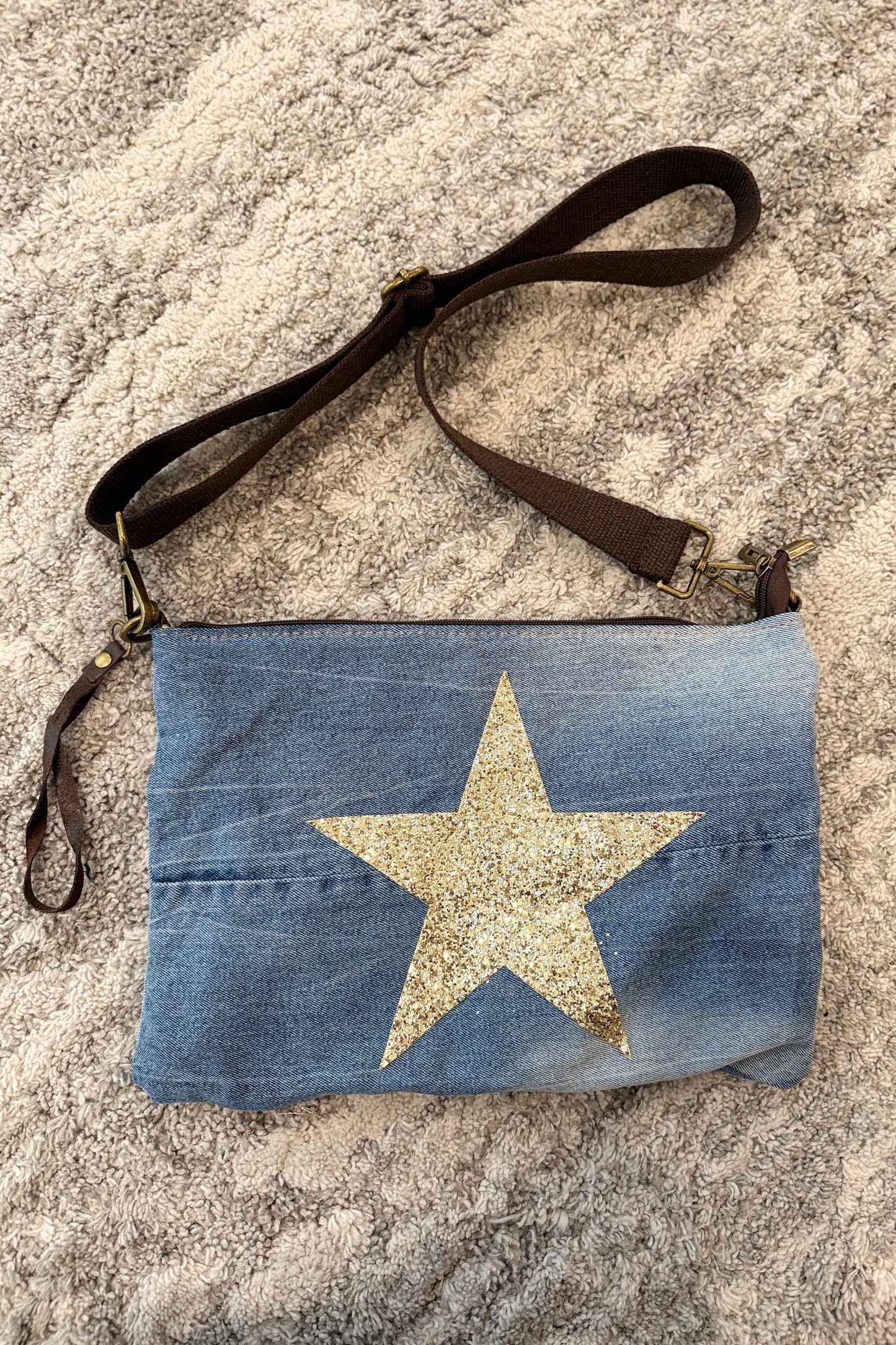 Gold Star Denim Crossbody Bag