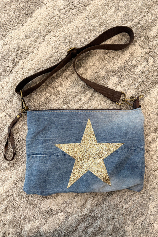 Gold Star Denim Crossbody Bag
