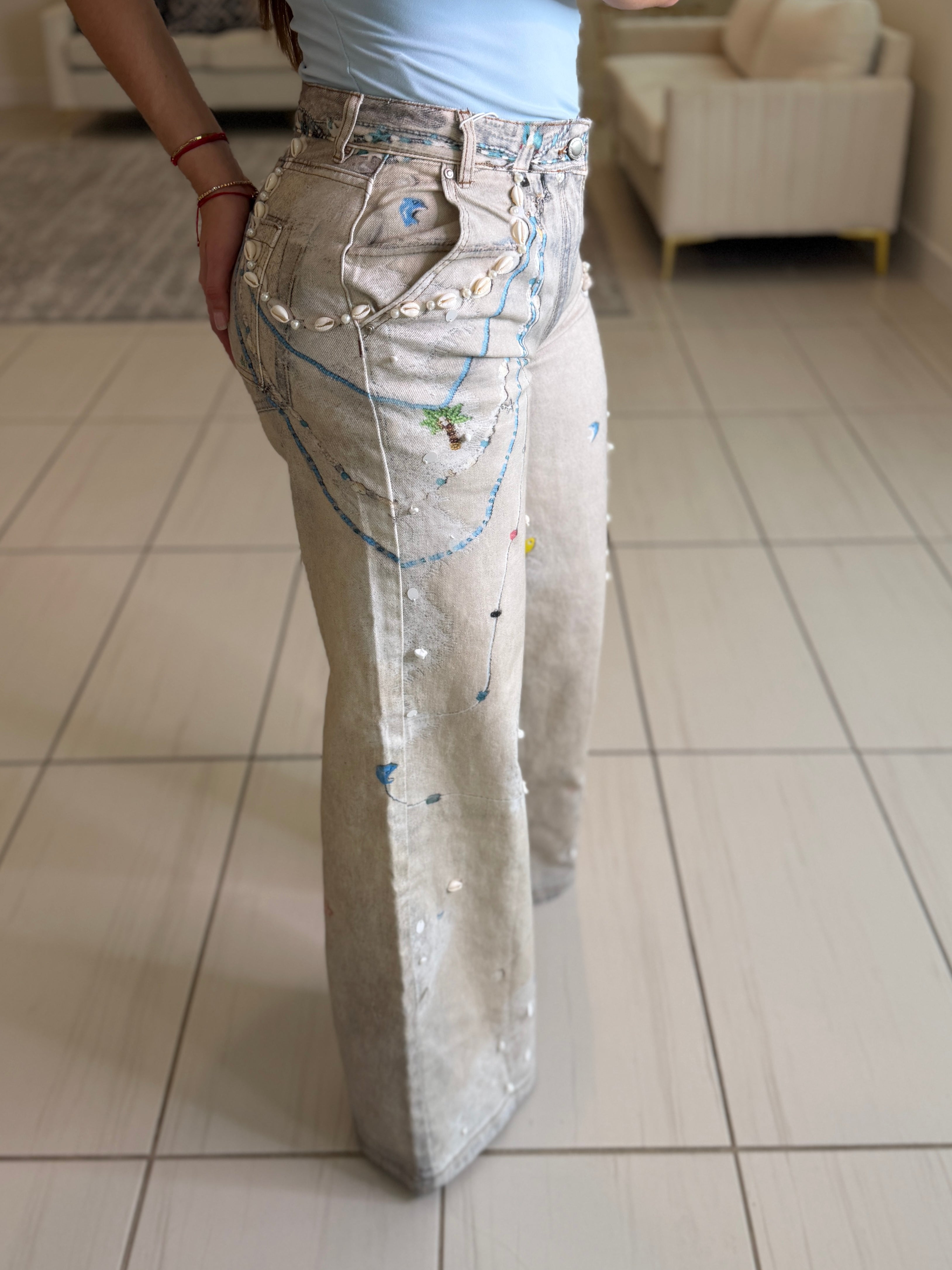 Glam Seashells Beige Denim Pants