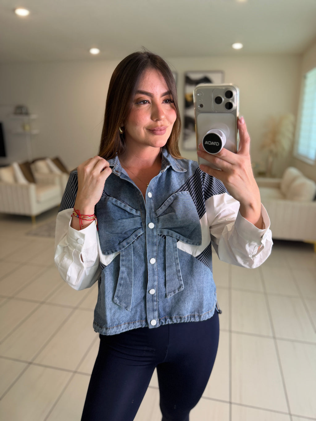 Bow Contrast White and Denim Shirt