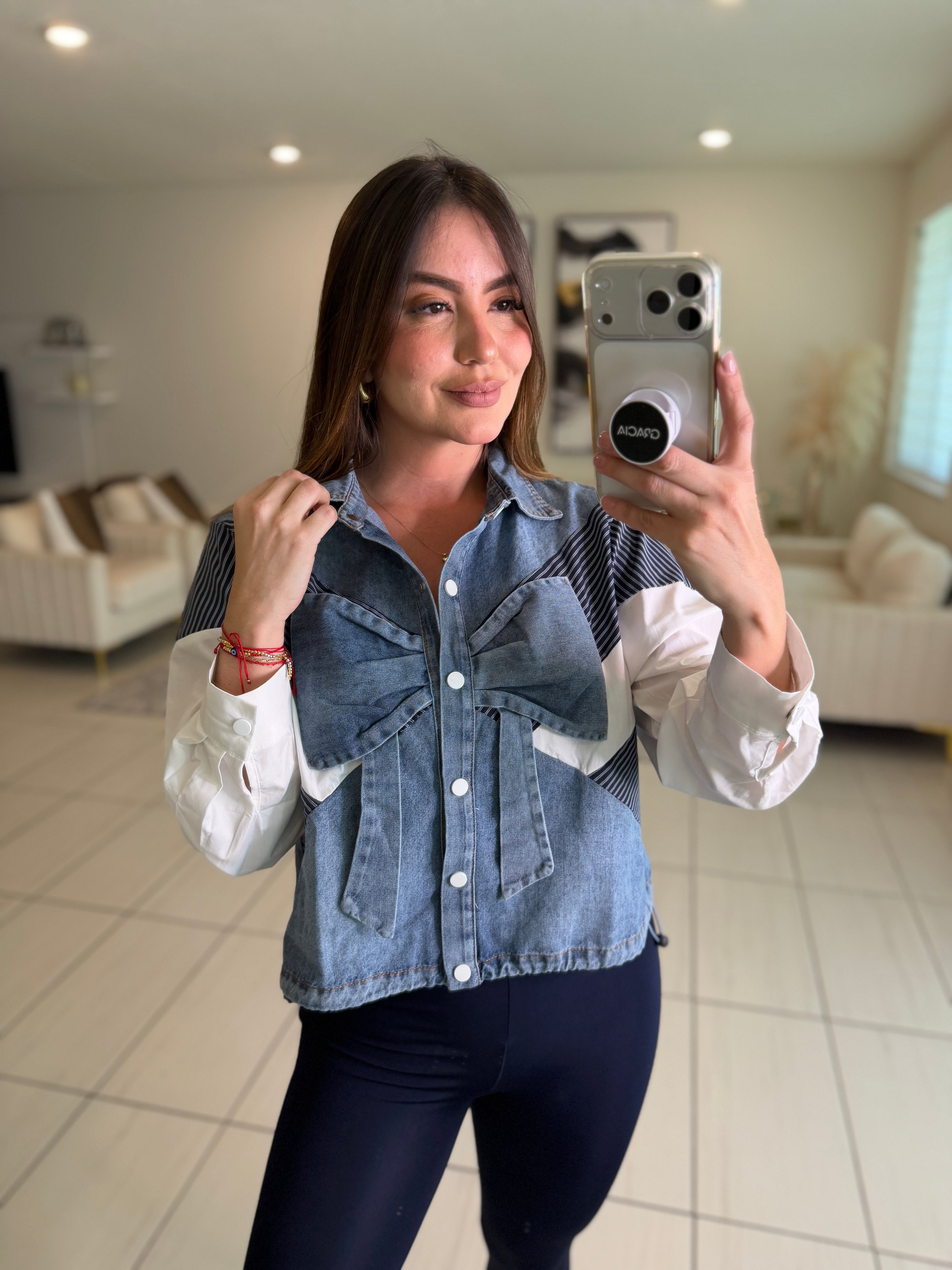 Bow Contrast White and Denim Shirt