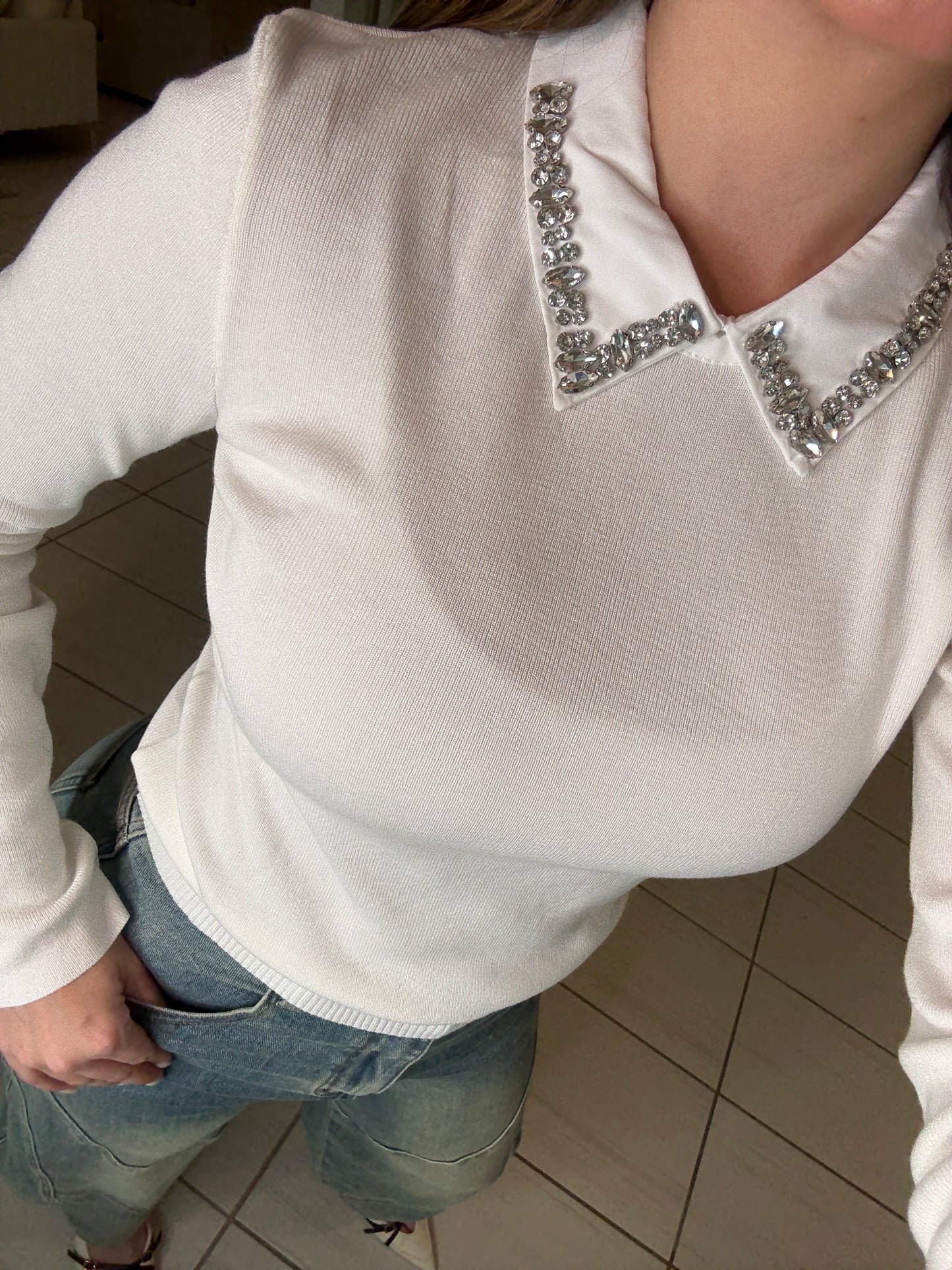 League Charm White Sweater Top