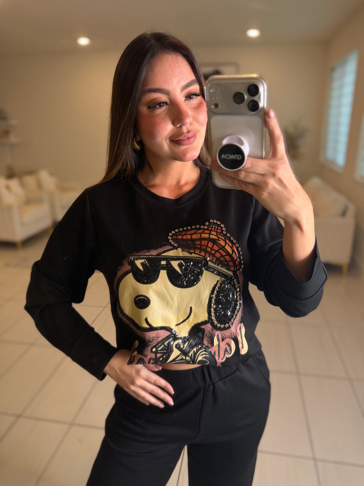 Funny Rhinestones Black Pant Set