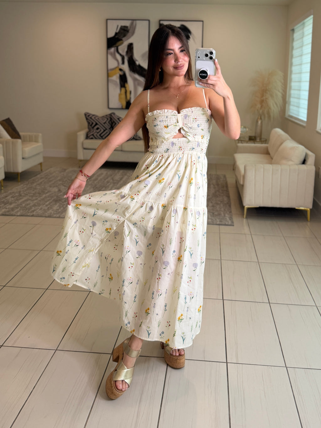 Sweet Floral Beige Dress