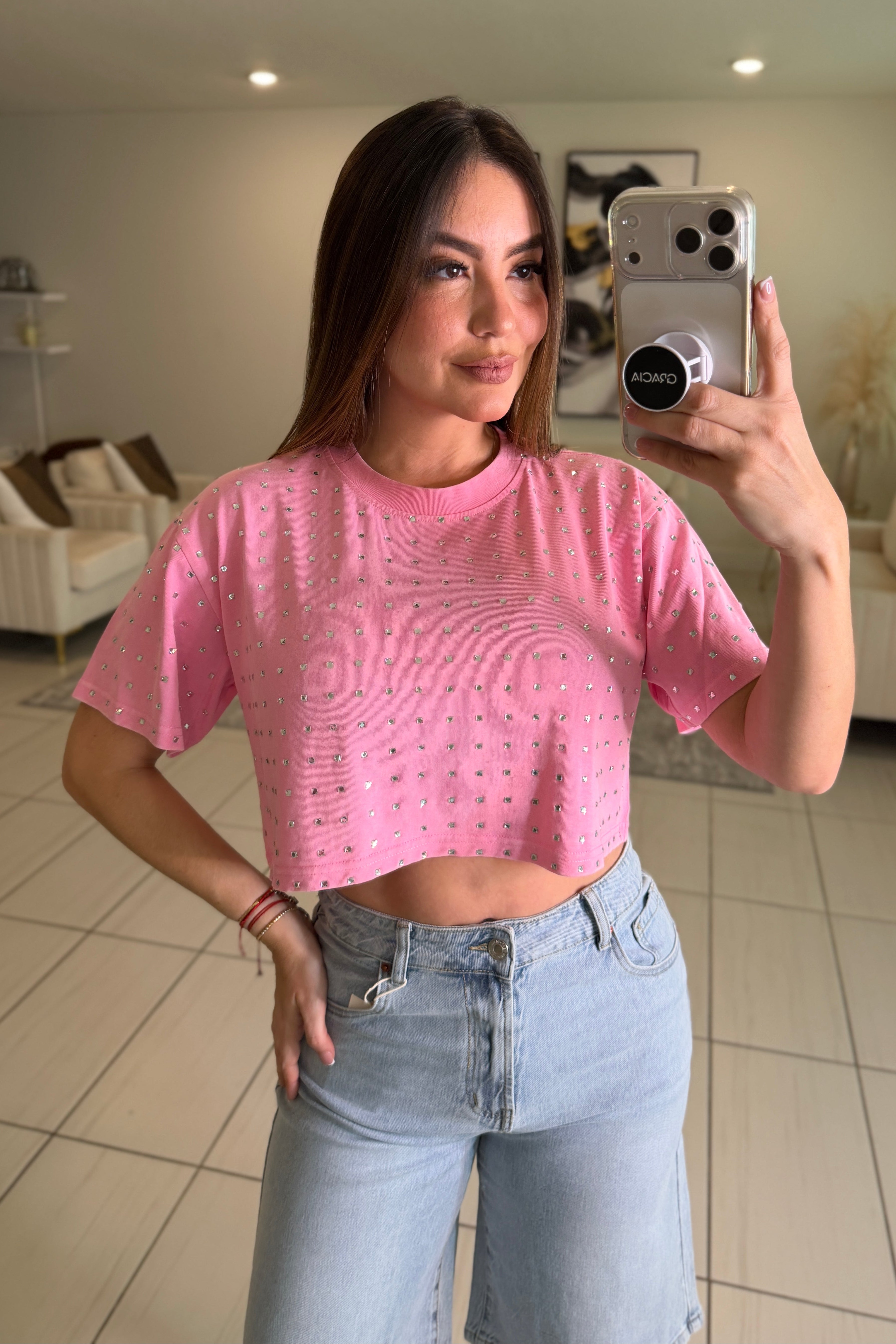 Glow Up Rhinestones Pink Top