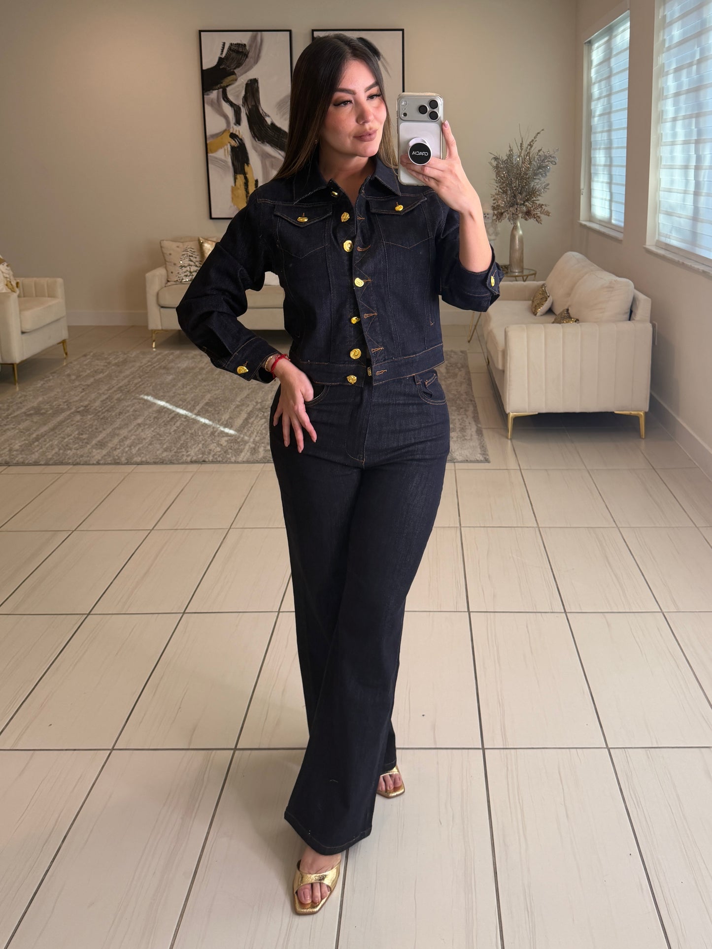 Luxe Gold Button Denim Pant Set