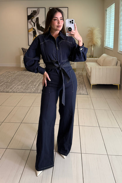 Opulence Linen Navy Blue Jumpsuit