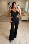 Night Code Rhinestones Black Denim Pants