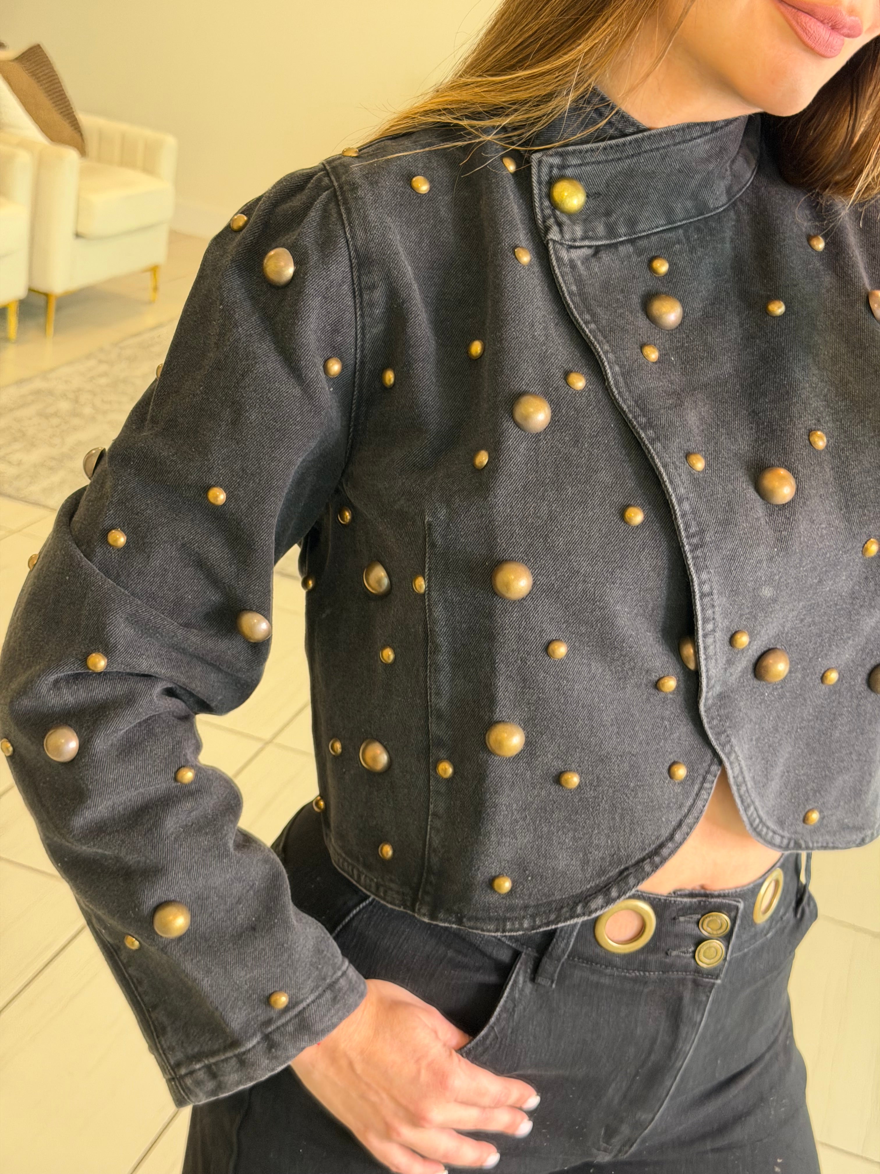 Luxe Golden Dots Black Denim Top