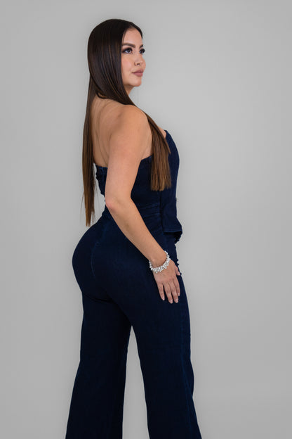 Rhinestones Buttons Dark Blue Jumpsuit