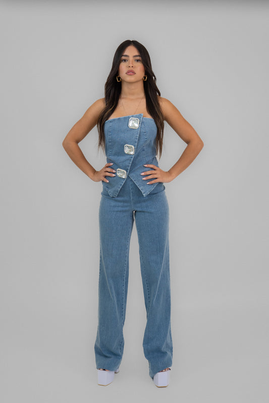 Rhinestones Buttons Light Blue Jumpsuit