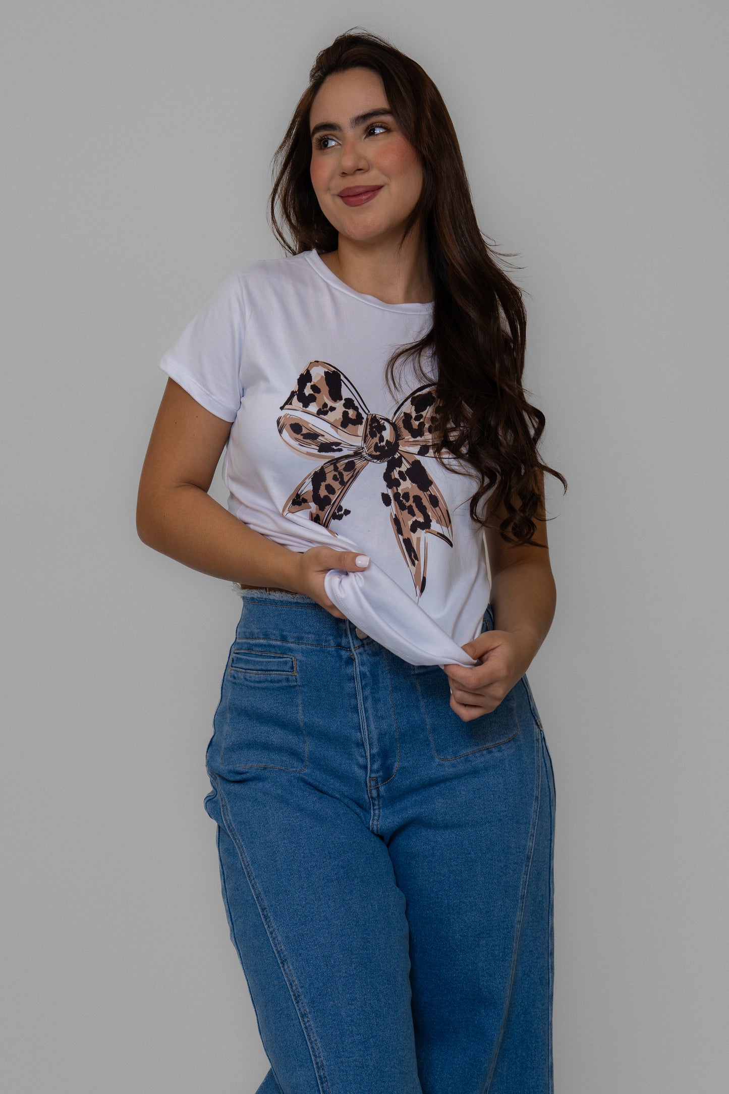 Animal Print Bow White Top