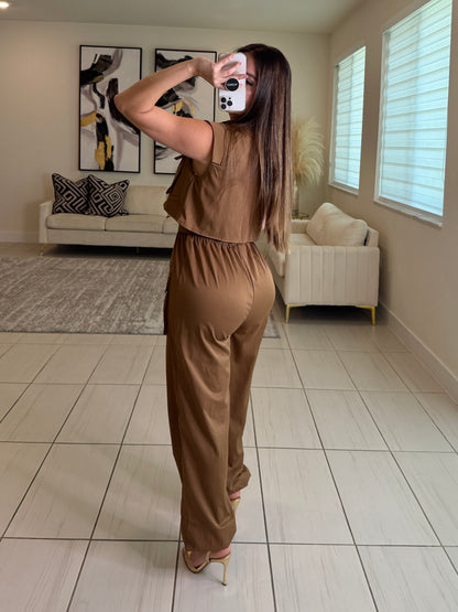 Forgive The Night Ruched Brown Jumpsuit