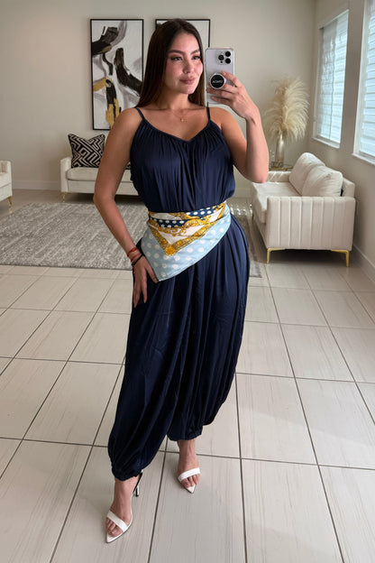 Effortless Essence Ruched Navy Blue Jumpsuit