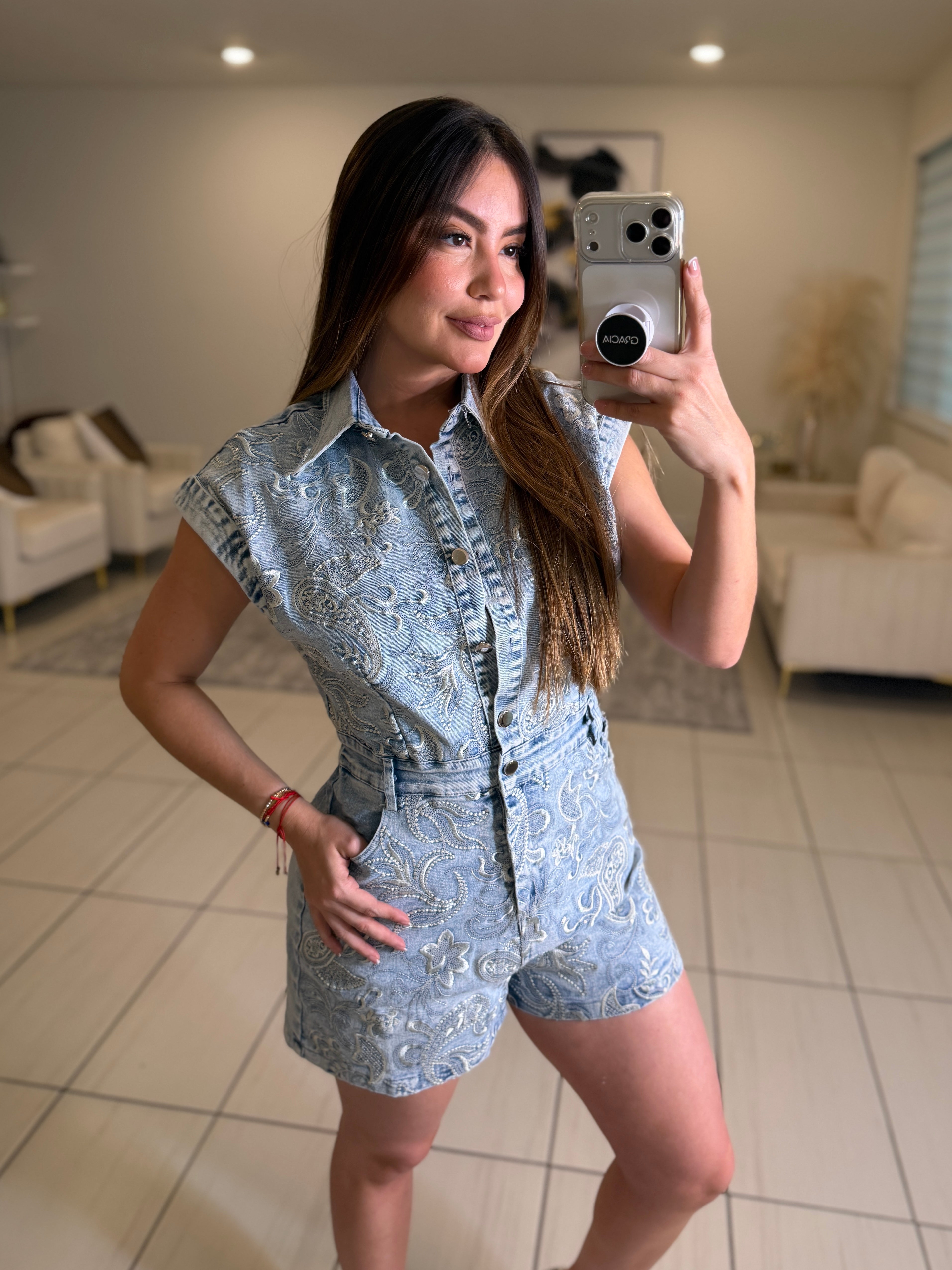 Sequin Embroidery Denim Romper