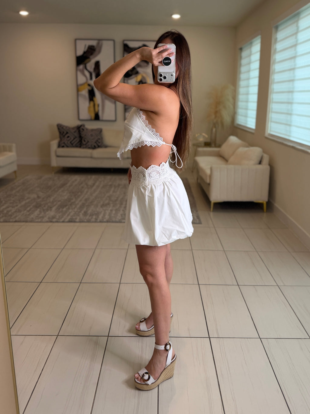 Blossom Crochet White Balloon Skirt Set