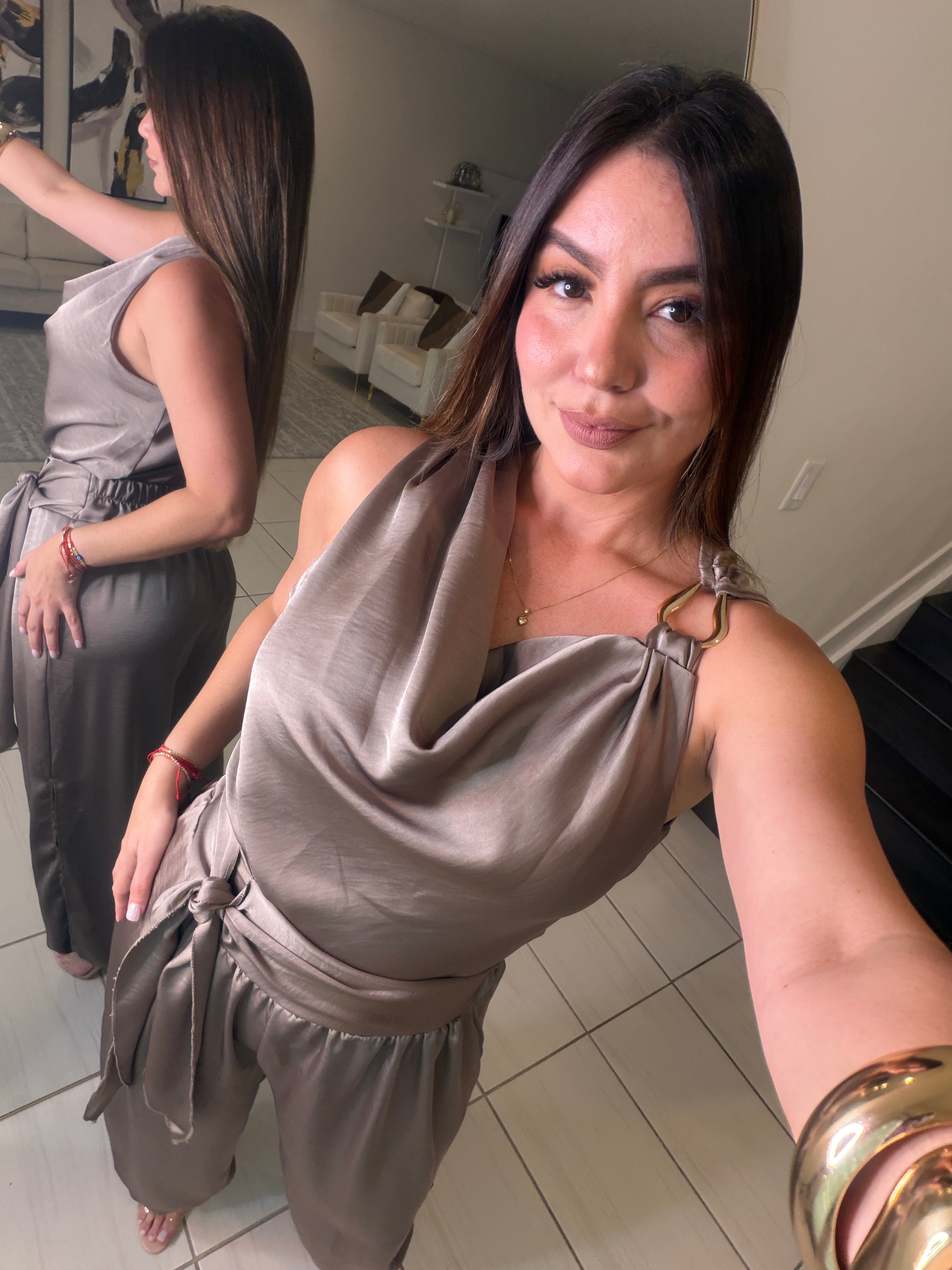 Effortless Essence Ruched Taupe Pant Set