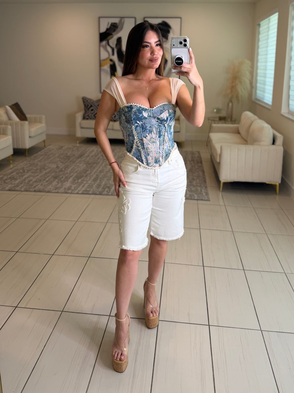 Spring Embroidery White Denim Shorts