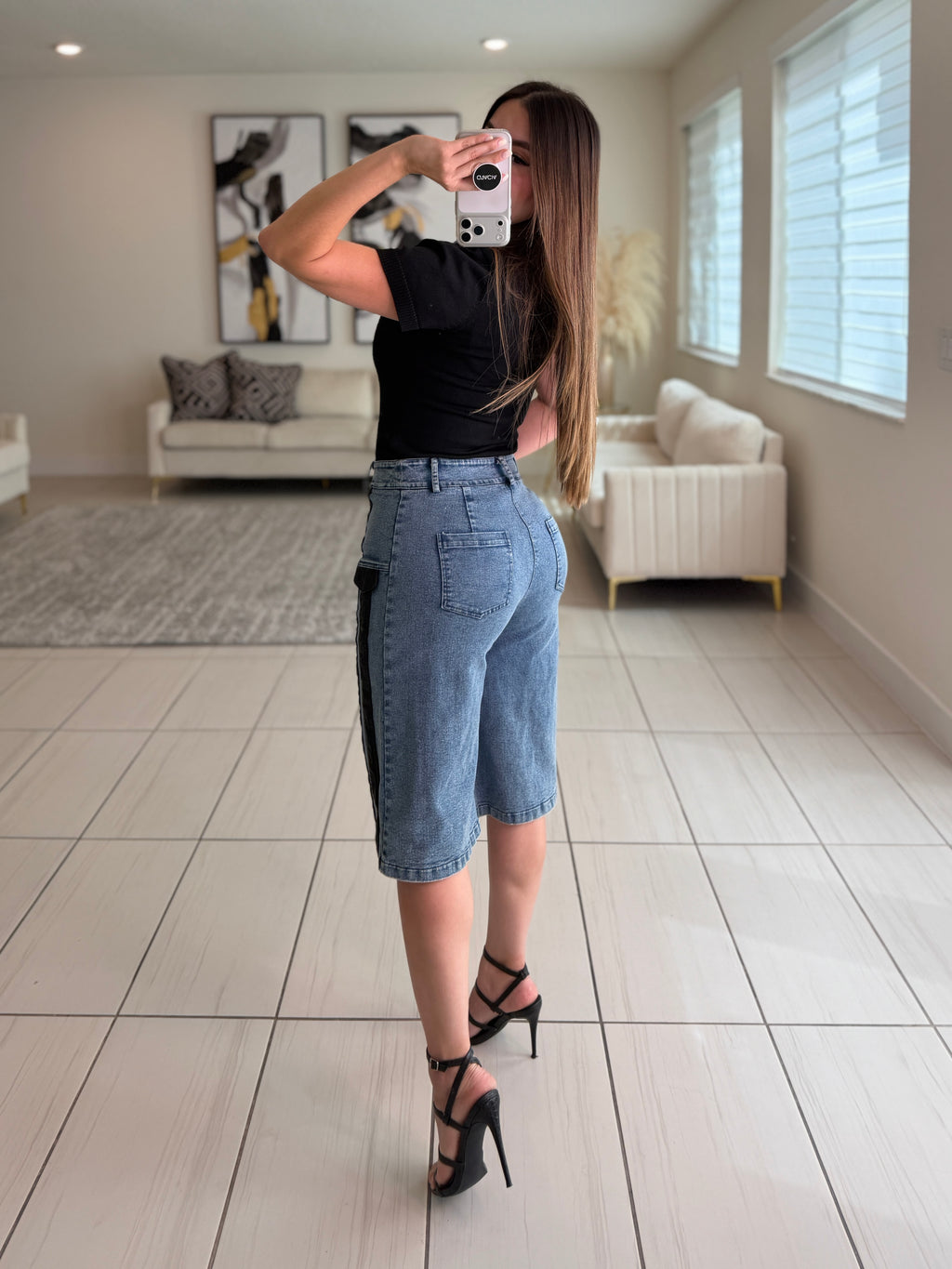 Midnight Bloom Denim Shorts Set