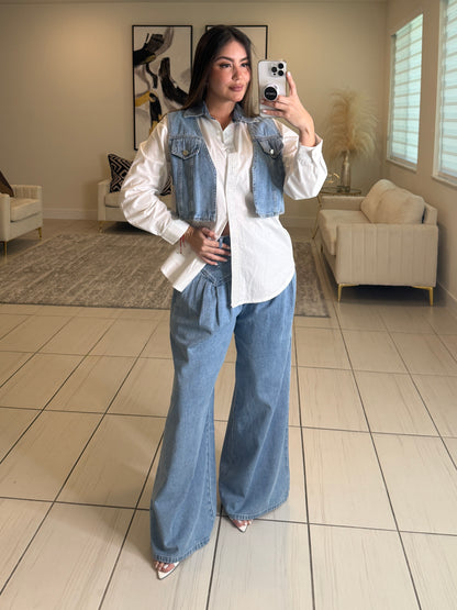 Pintuck Wide Leg Denim Pants