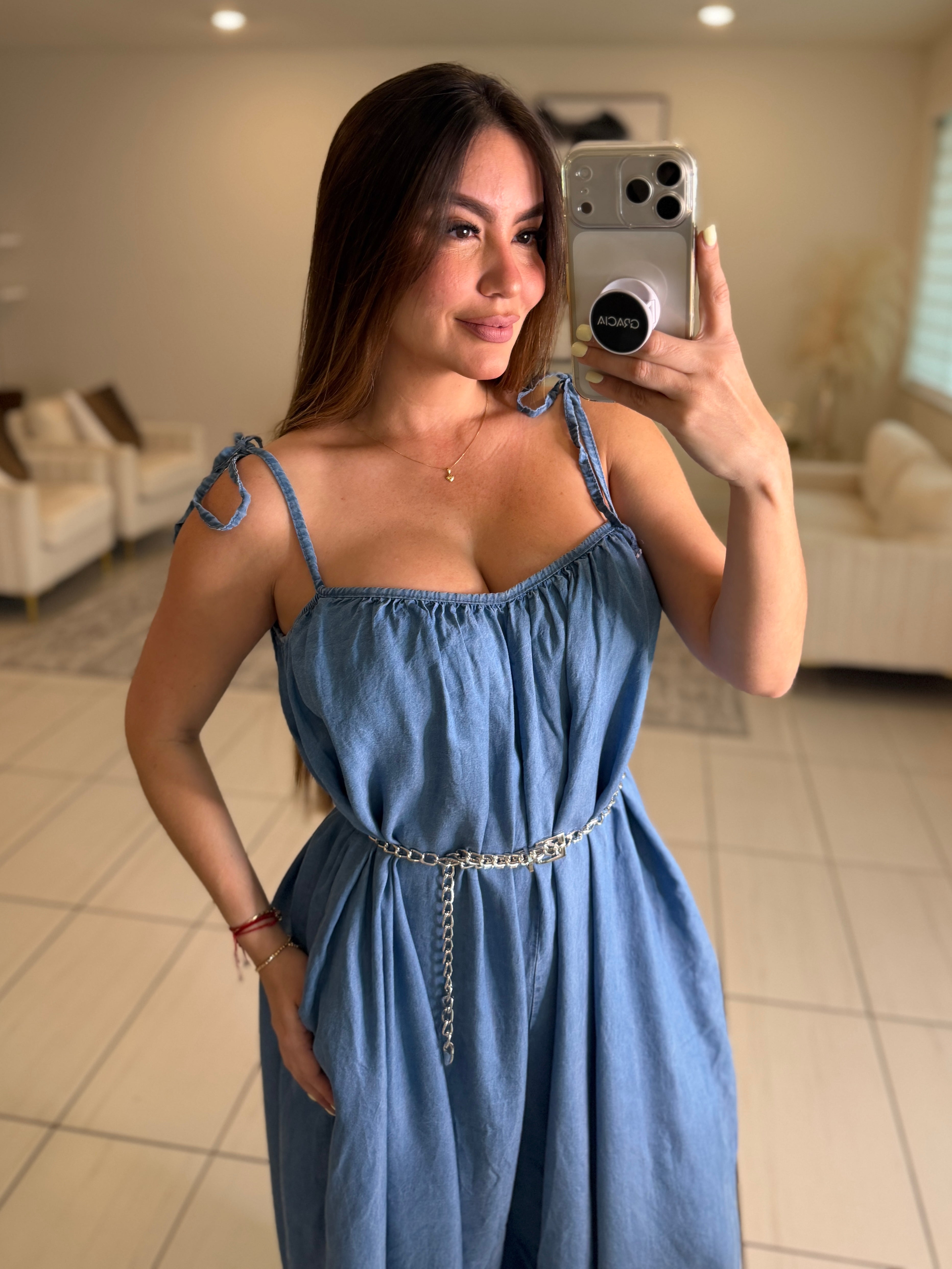 Effortless Essence Ruched Light Denim Jumpsuit