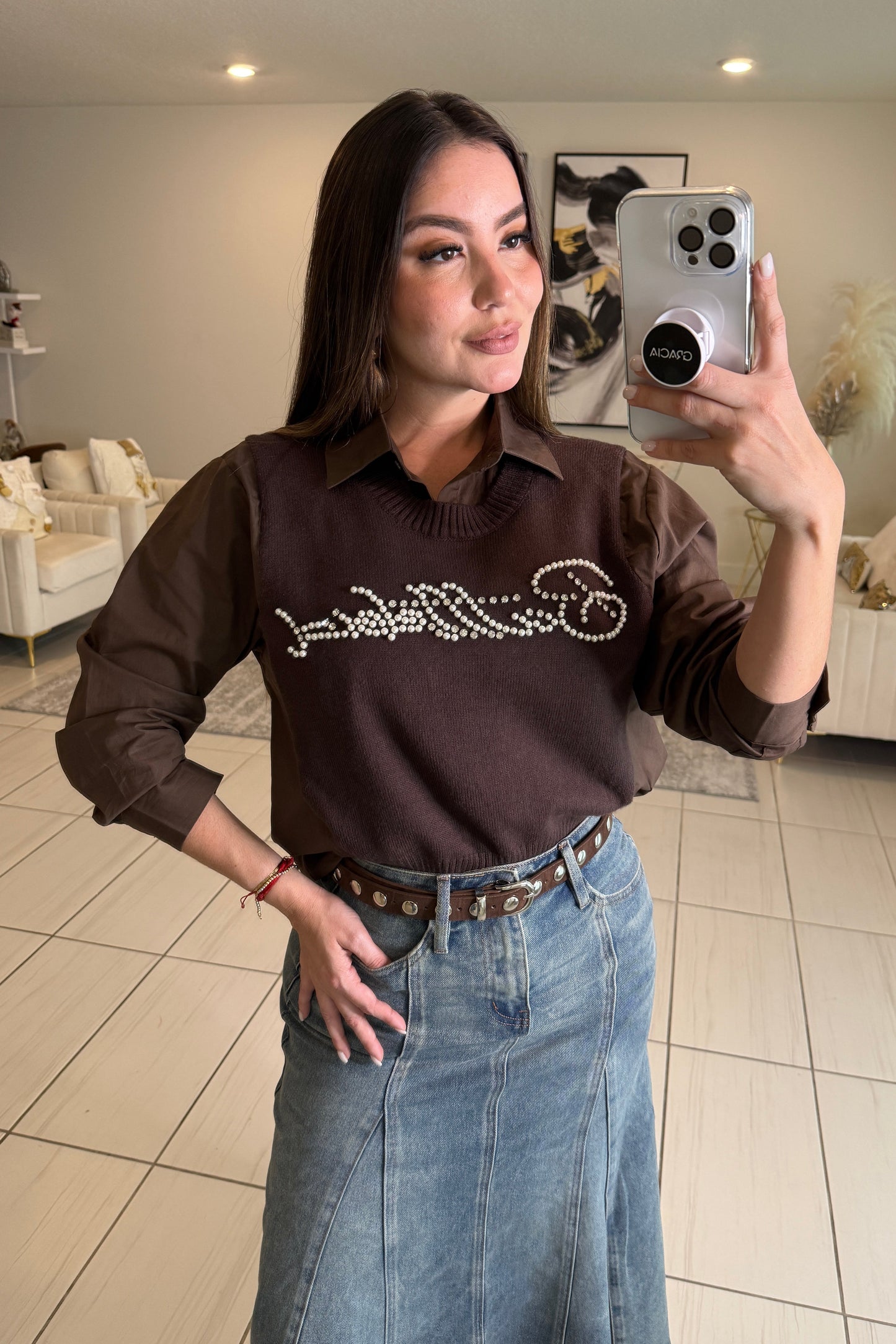 Parisian Stroll Brown Long-Sleeved Top