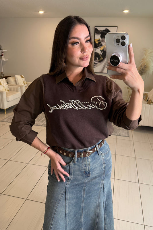 Parisian Stroll Brown Long-Sleeved Top