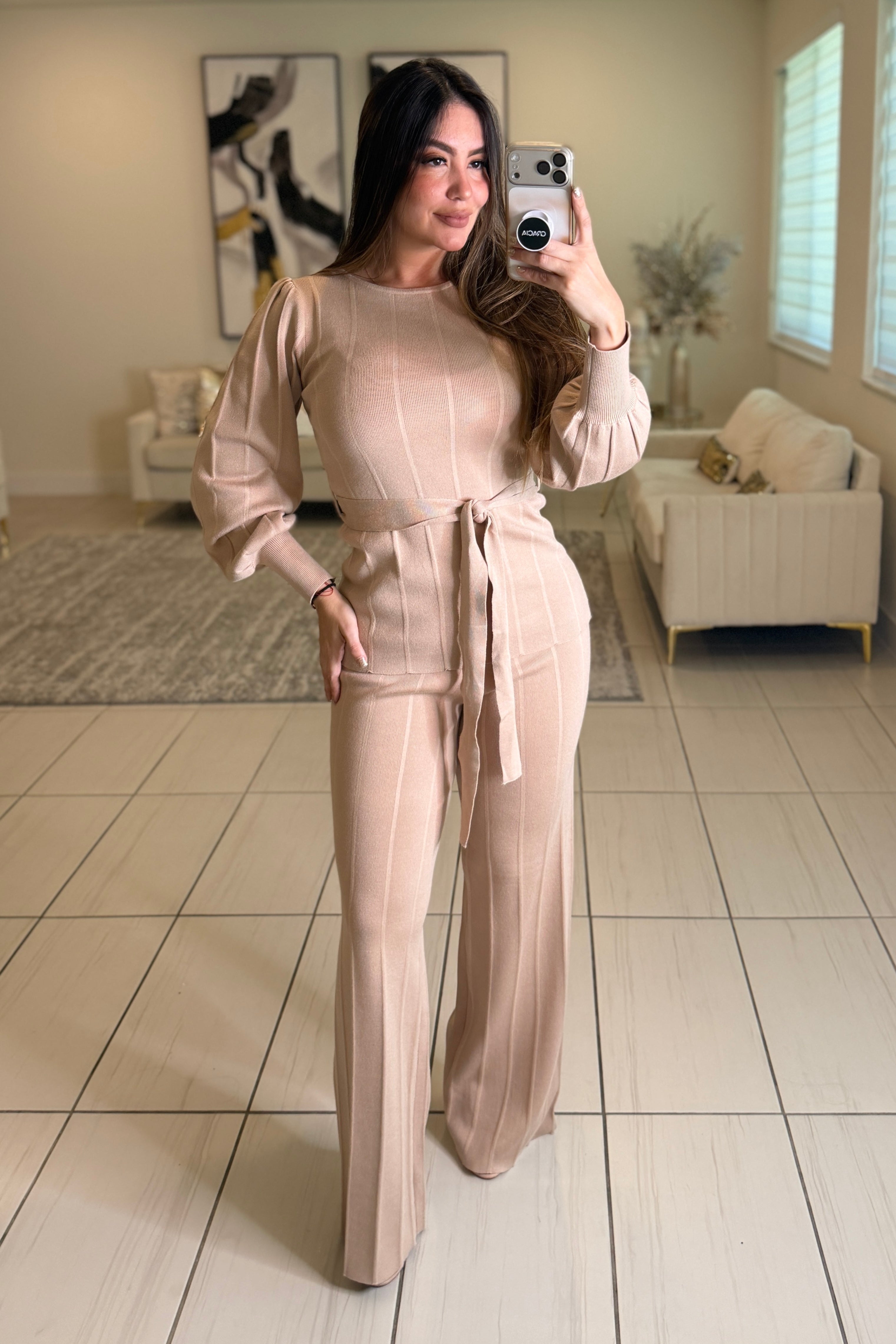 Checkmate Knit Beige Pant Set