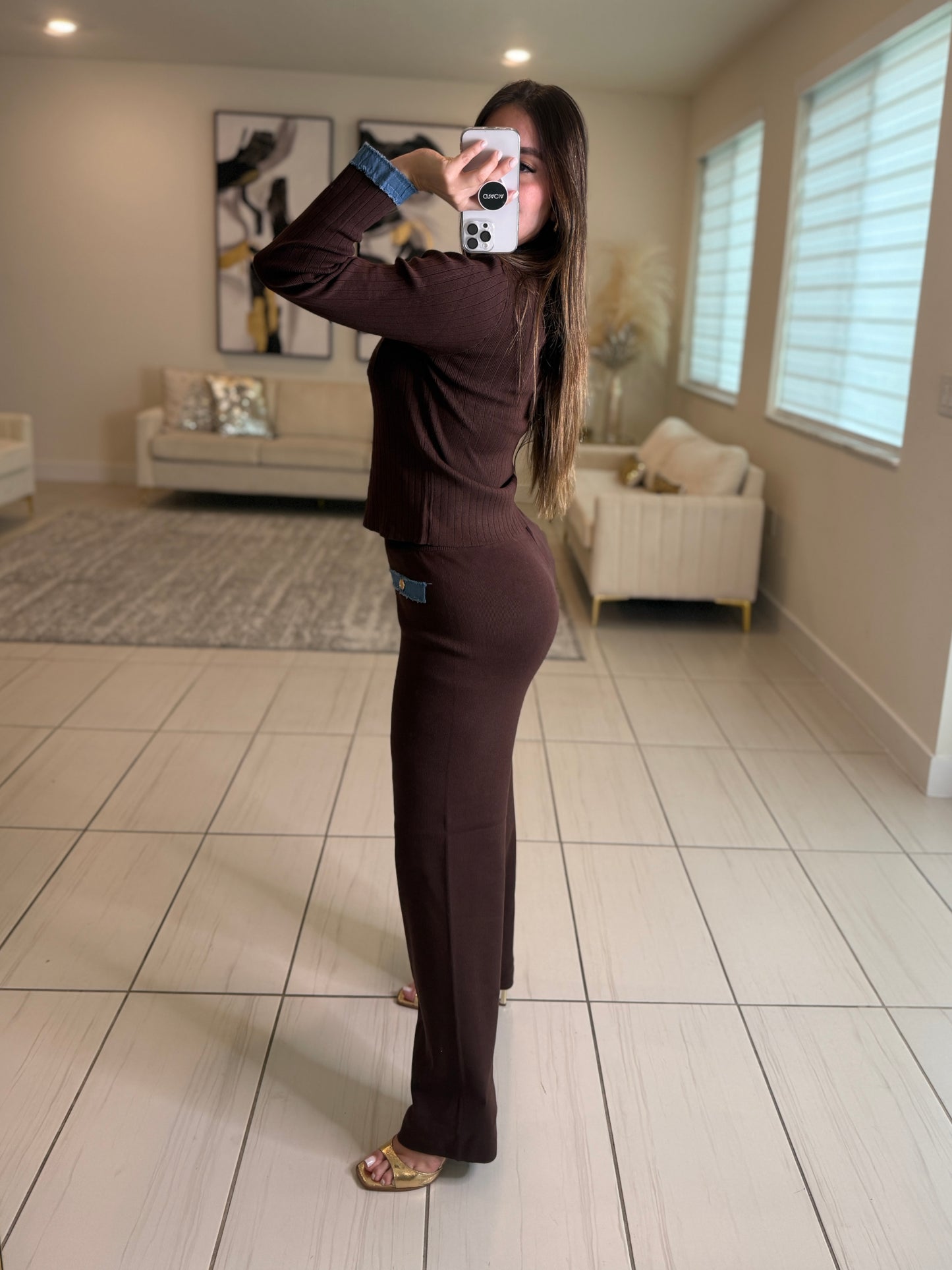 Modern Frame Knit Brown Pant Set