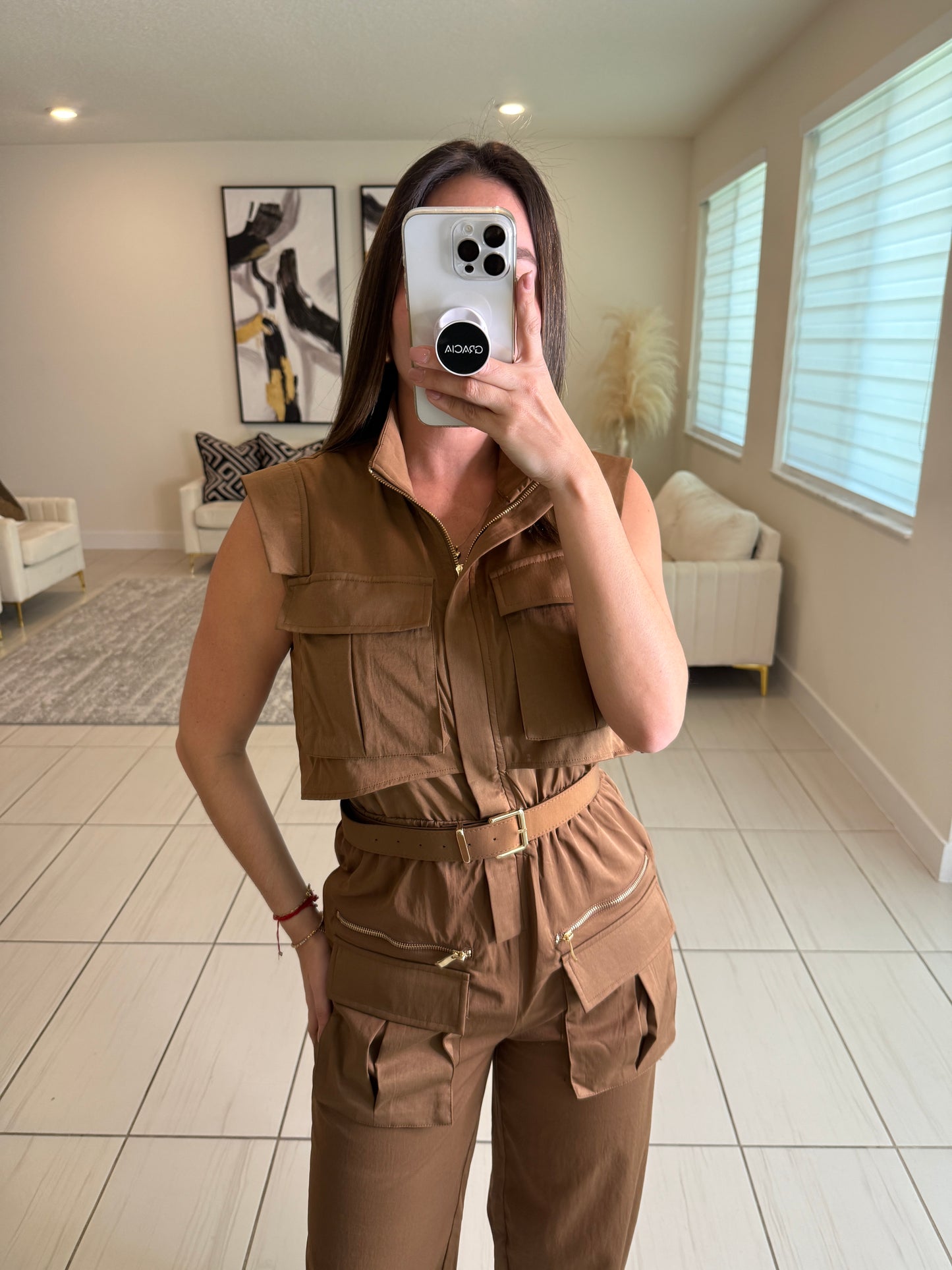 Forgive The Night Ruched Brown Jumpsuit
