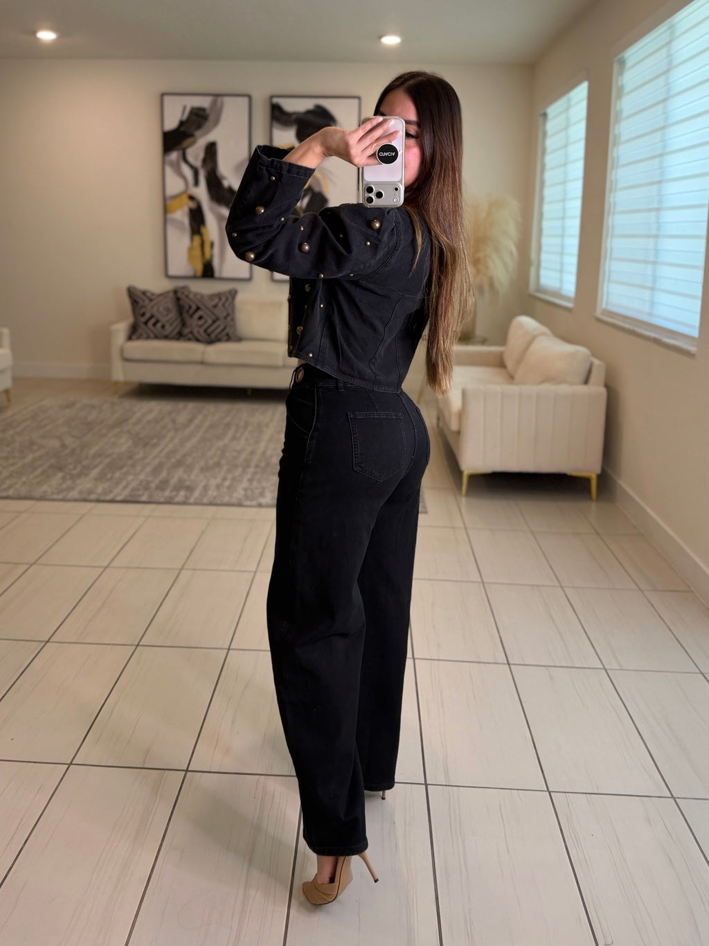 Luxe Golden Dots Black Denim Top