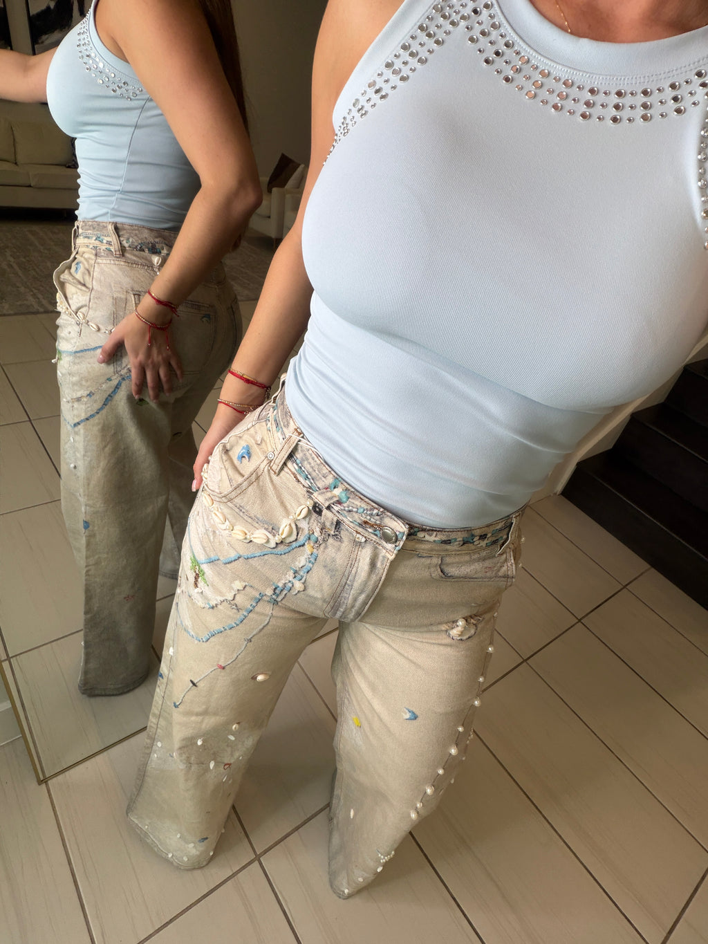Glam Seashells Beige Denim Pants