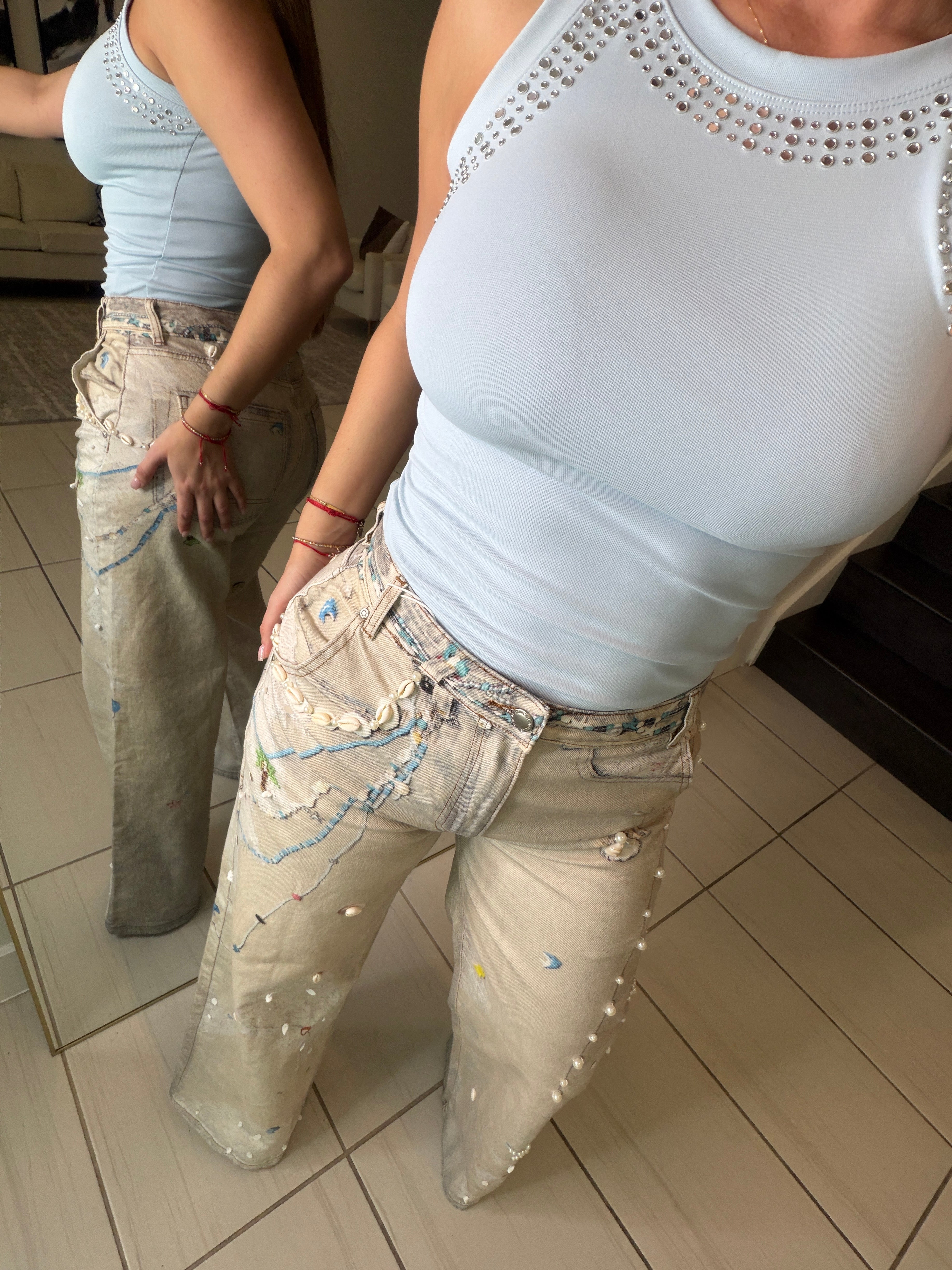 Glam Seashells Beige Denim Pants