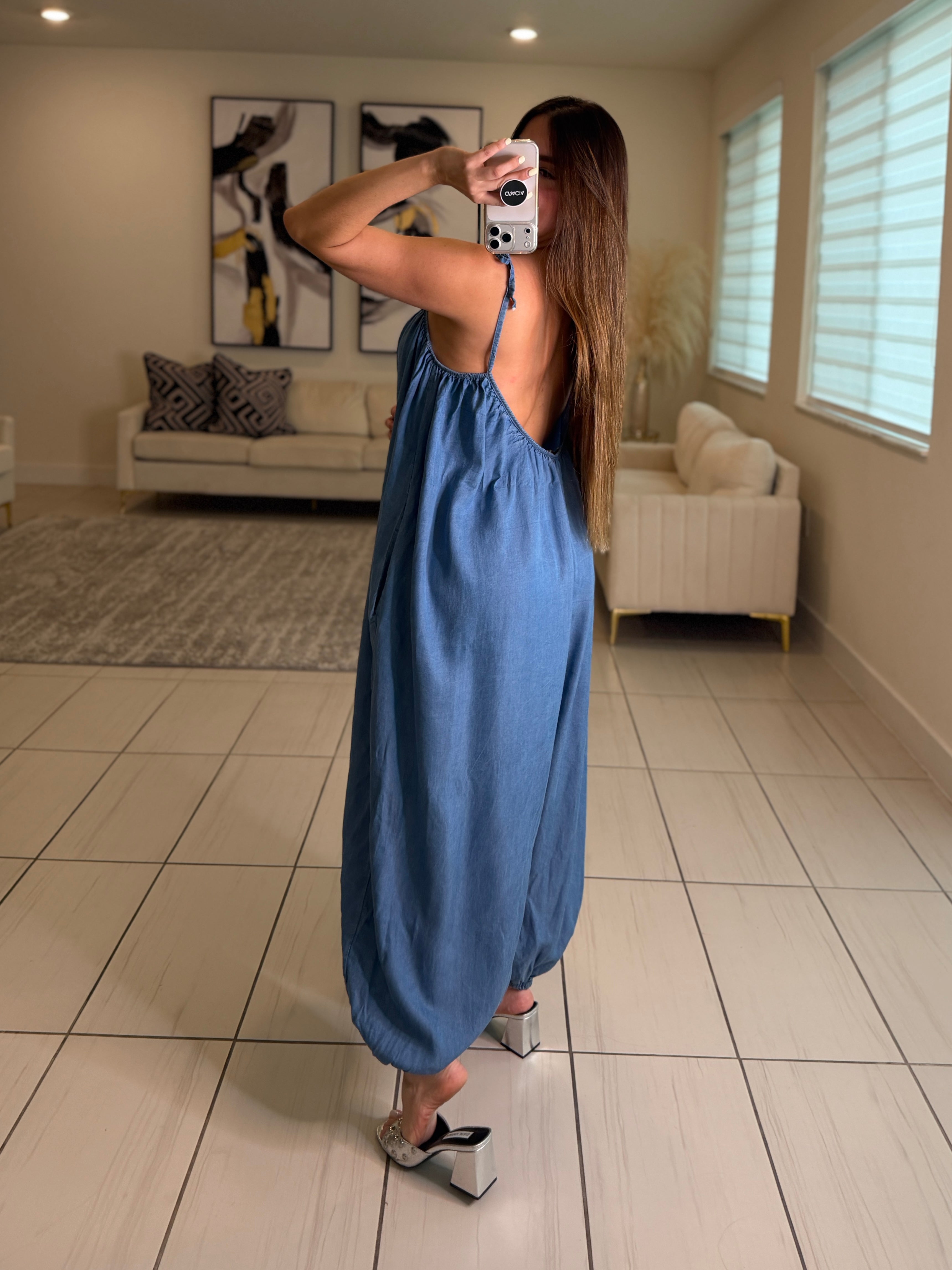Effortless Essence Ruched Light Denim Jumpsuit