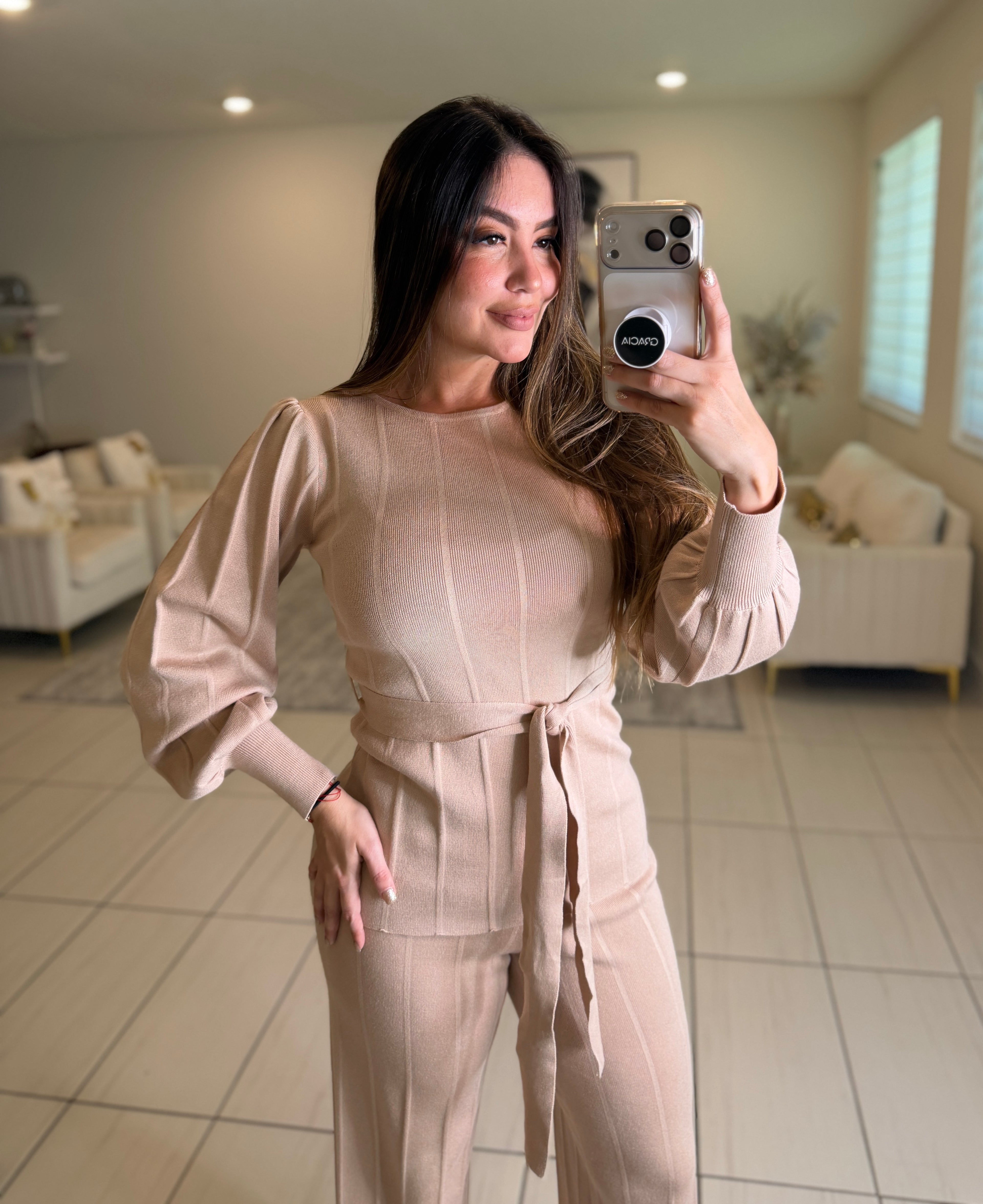 Checkmate Knit Beige Pant Set
