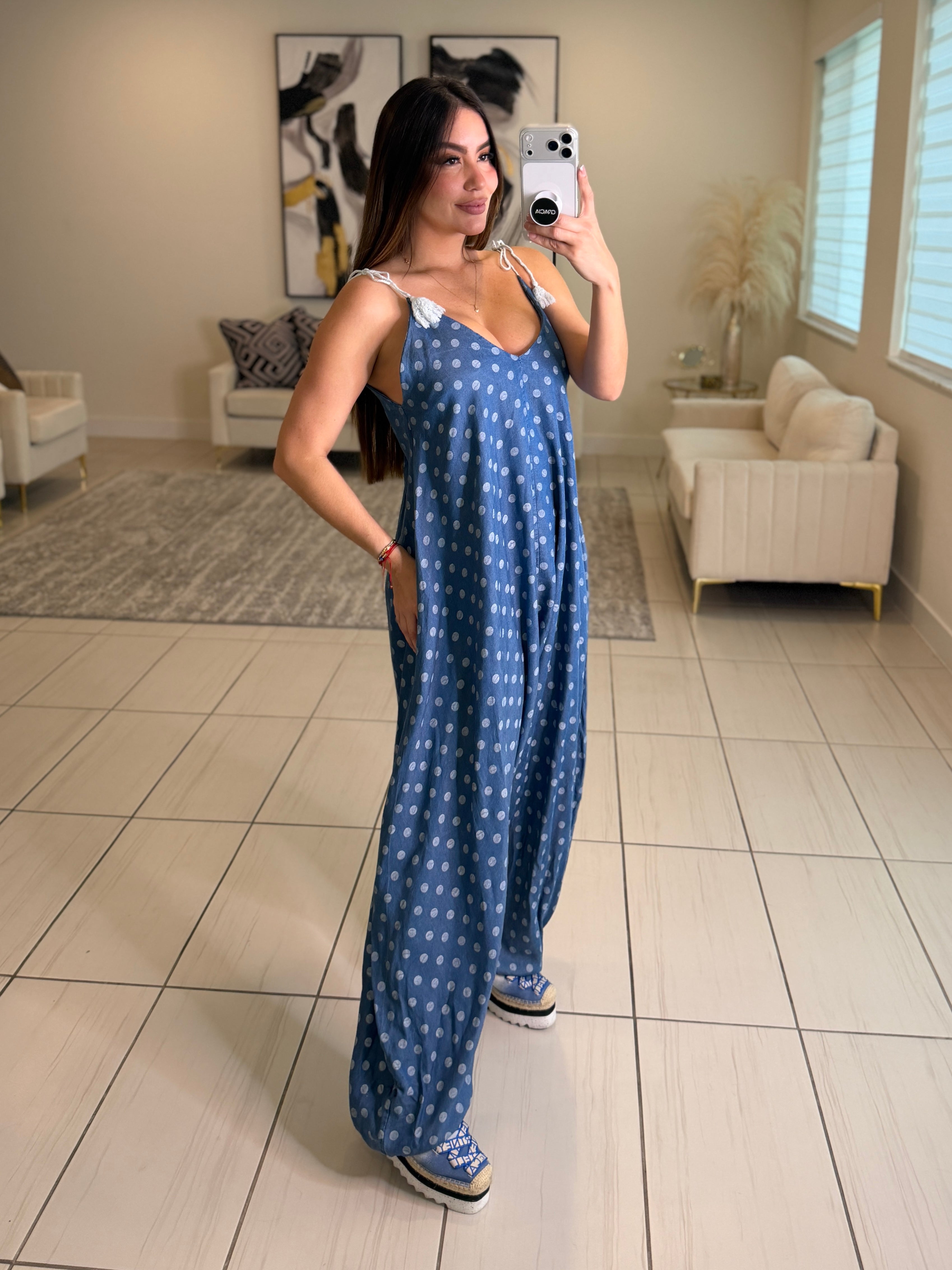 Polka Essence Ruched Light Denim Jumpsuit