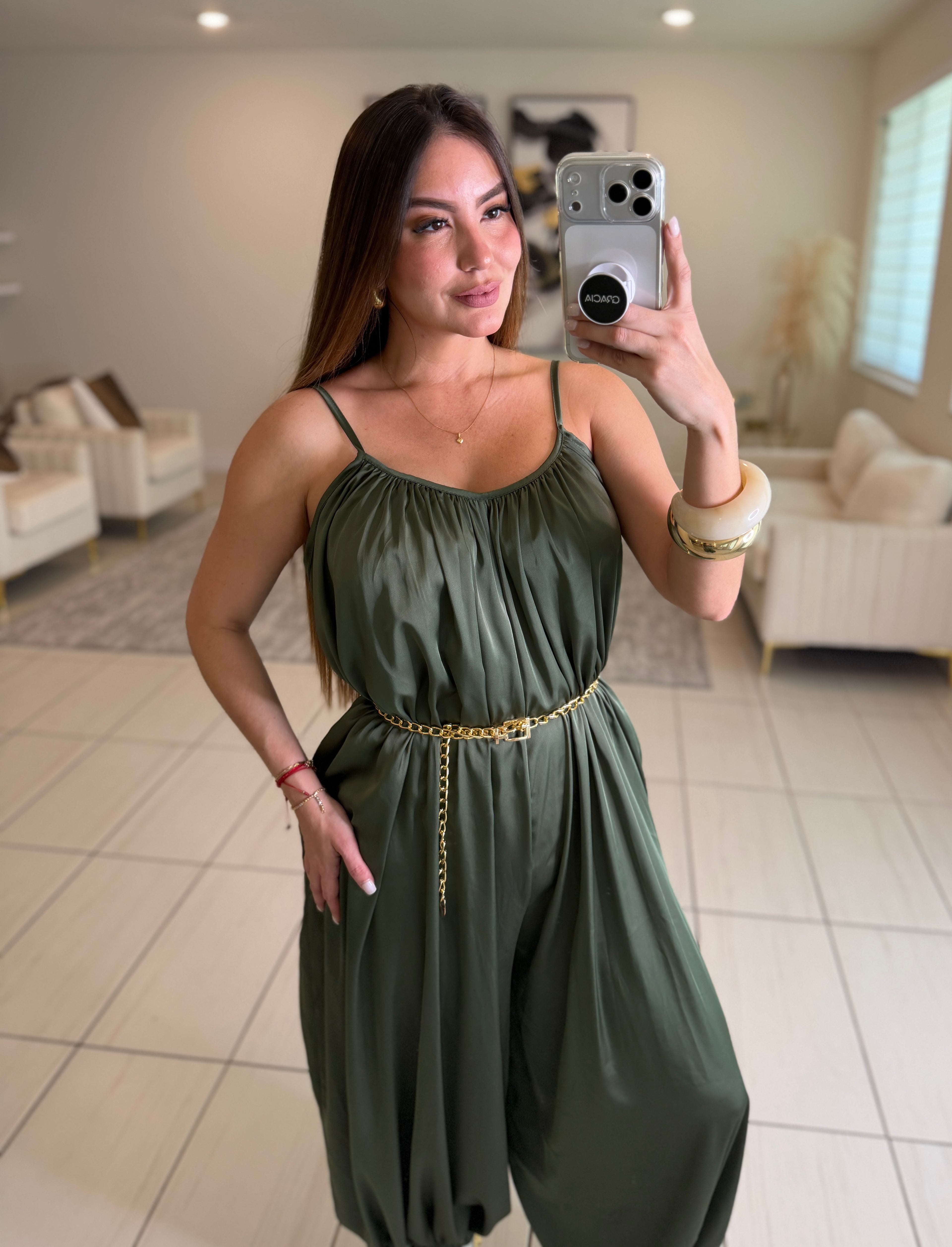 Effortless Essence Ruched Green Jumpsuit