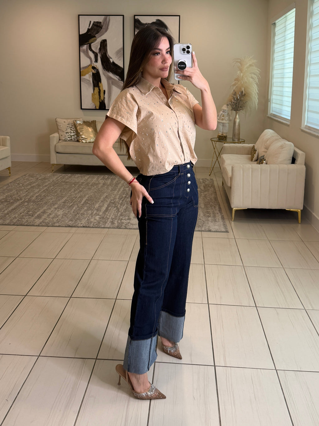 Frame Rhinestone Beige Top