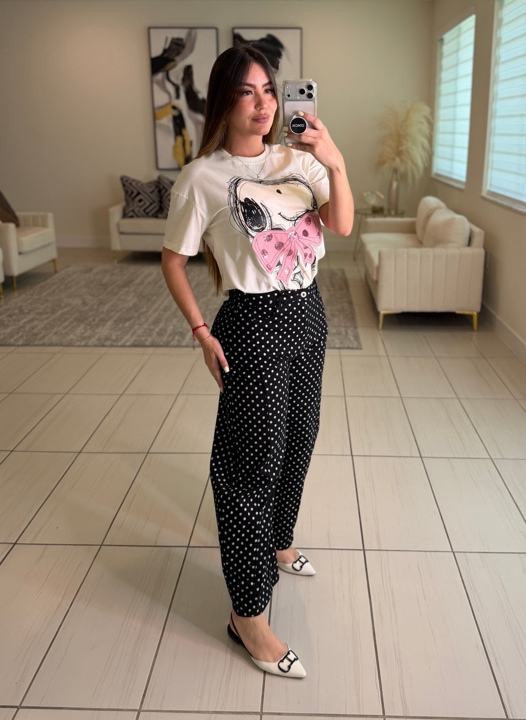 Pink Dots Bow Beige Tshirt