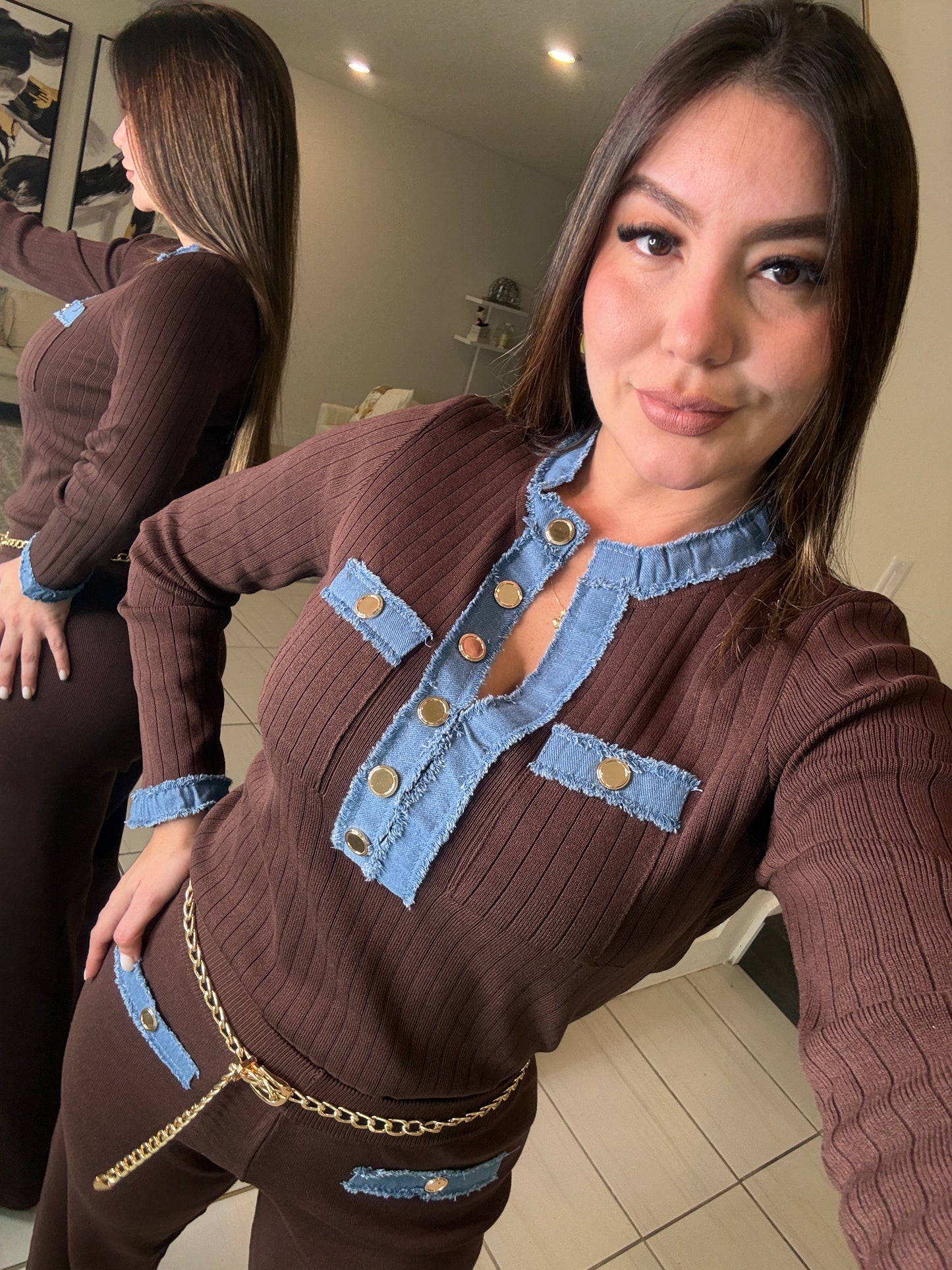 Modern Frame Knit Brown Pant Set