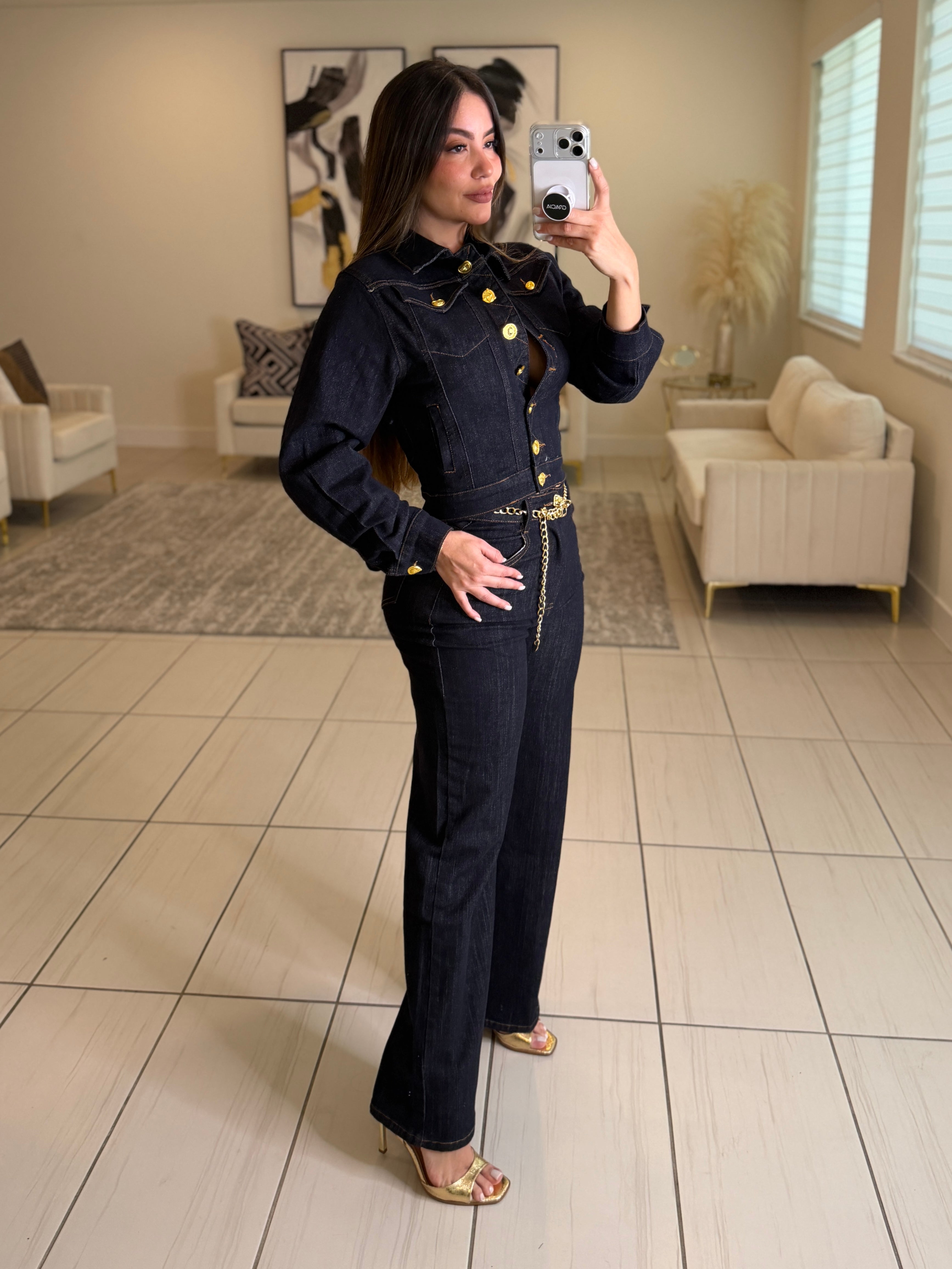 Luxe Gold Button Denim Pant Set