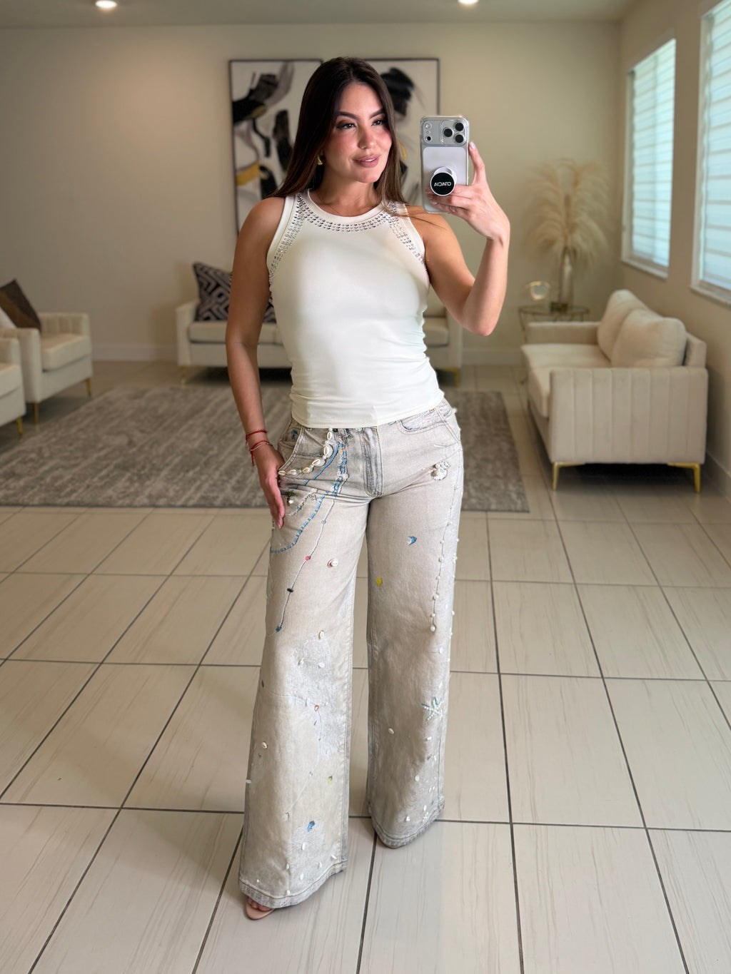 Glam Seashells Beige Denim Pants