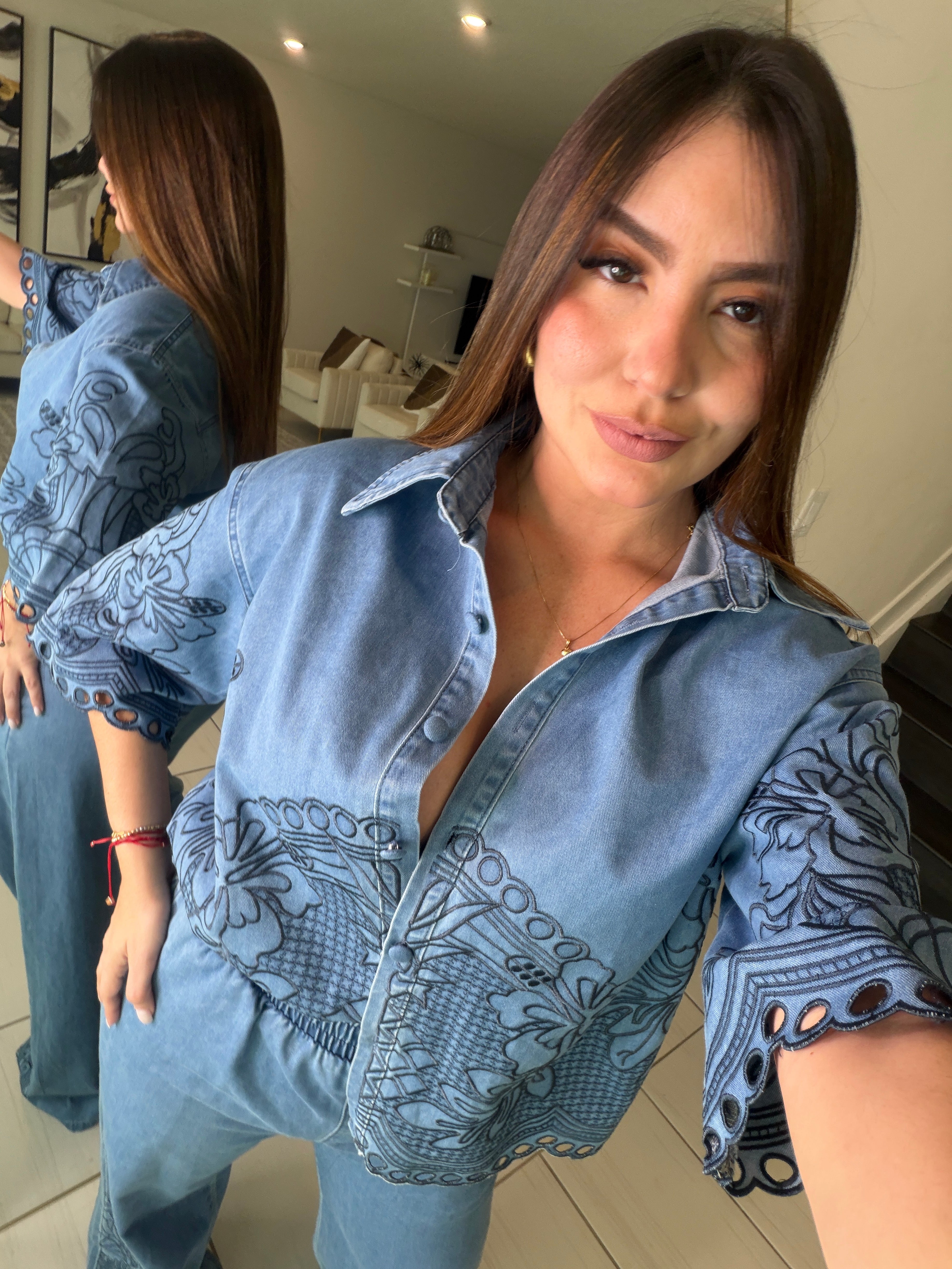 Paradise Embroidered Denim Pant Set