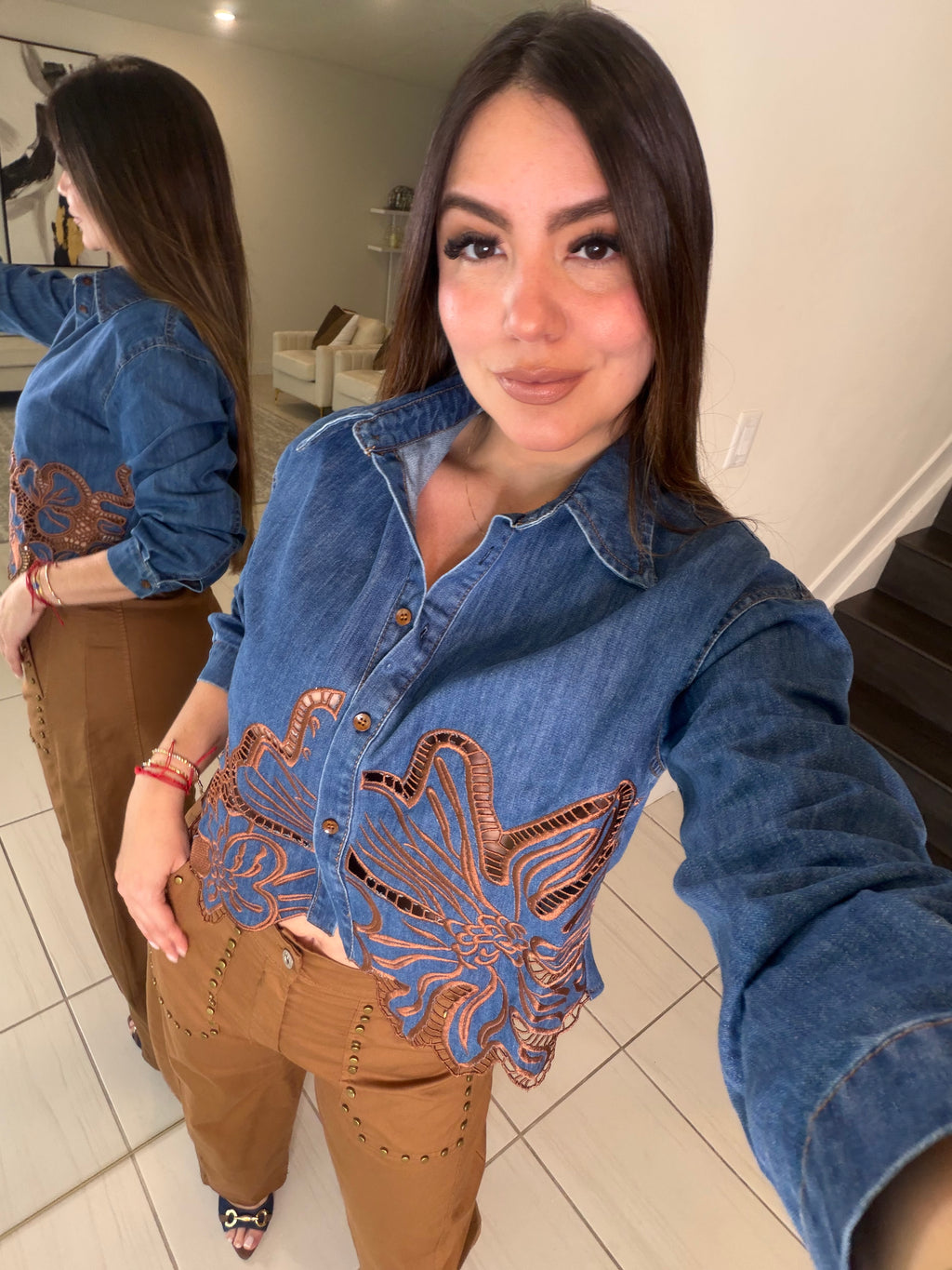 Brown Blossoms Denim Top
