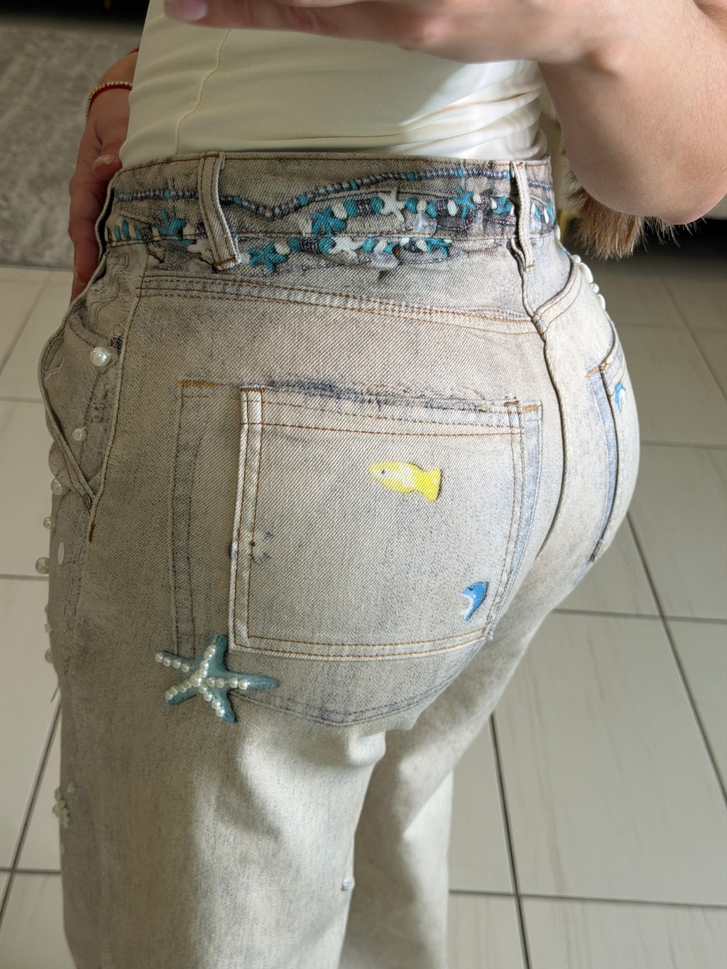 Glam Seashells Beige Denim Pants