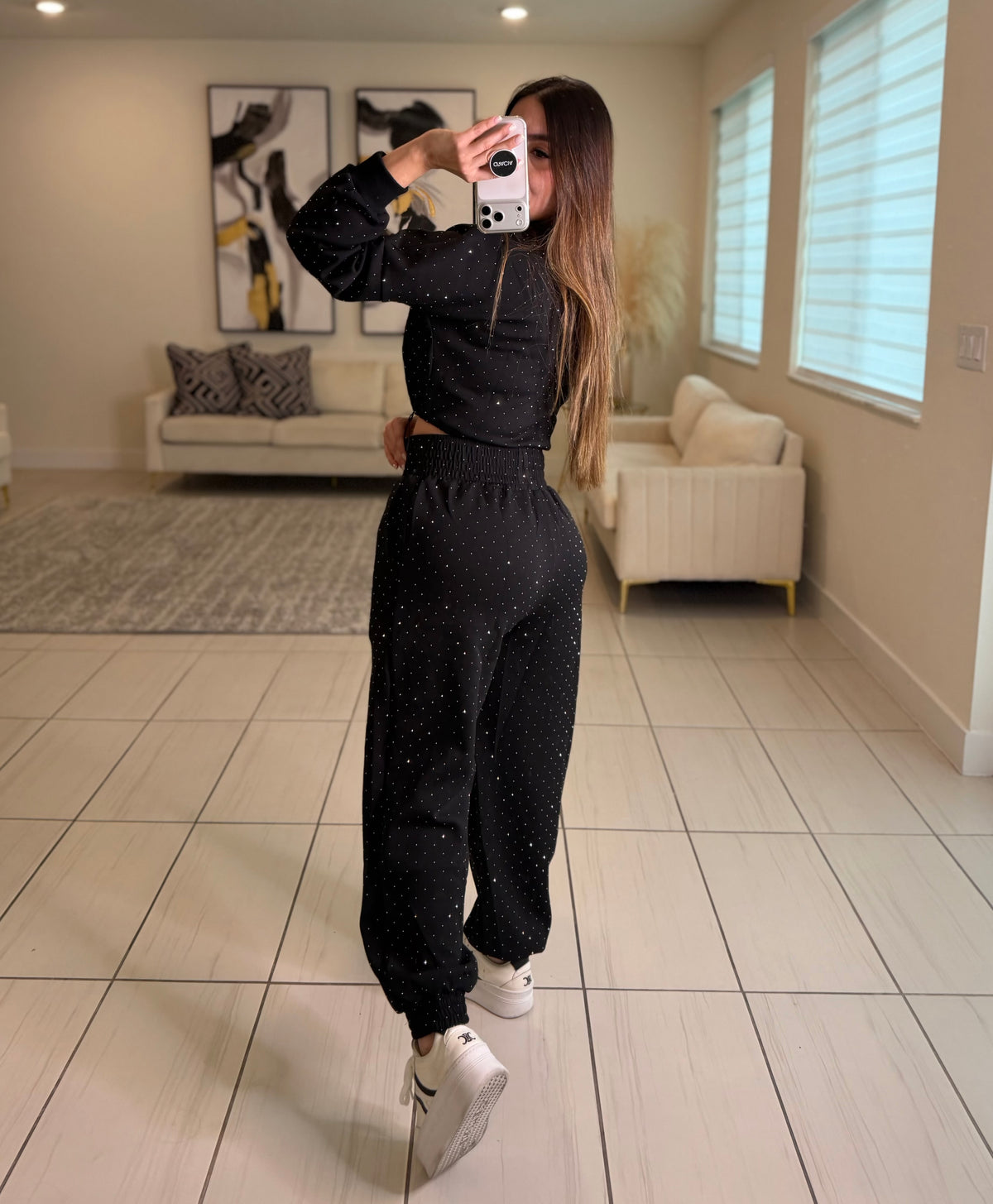 Midnight Rhinestone Black Pants Set