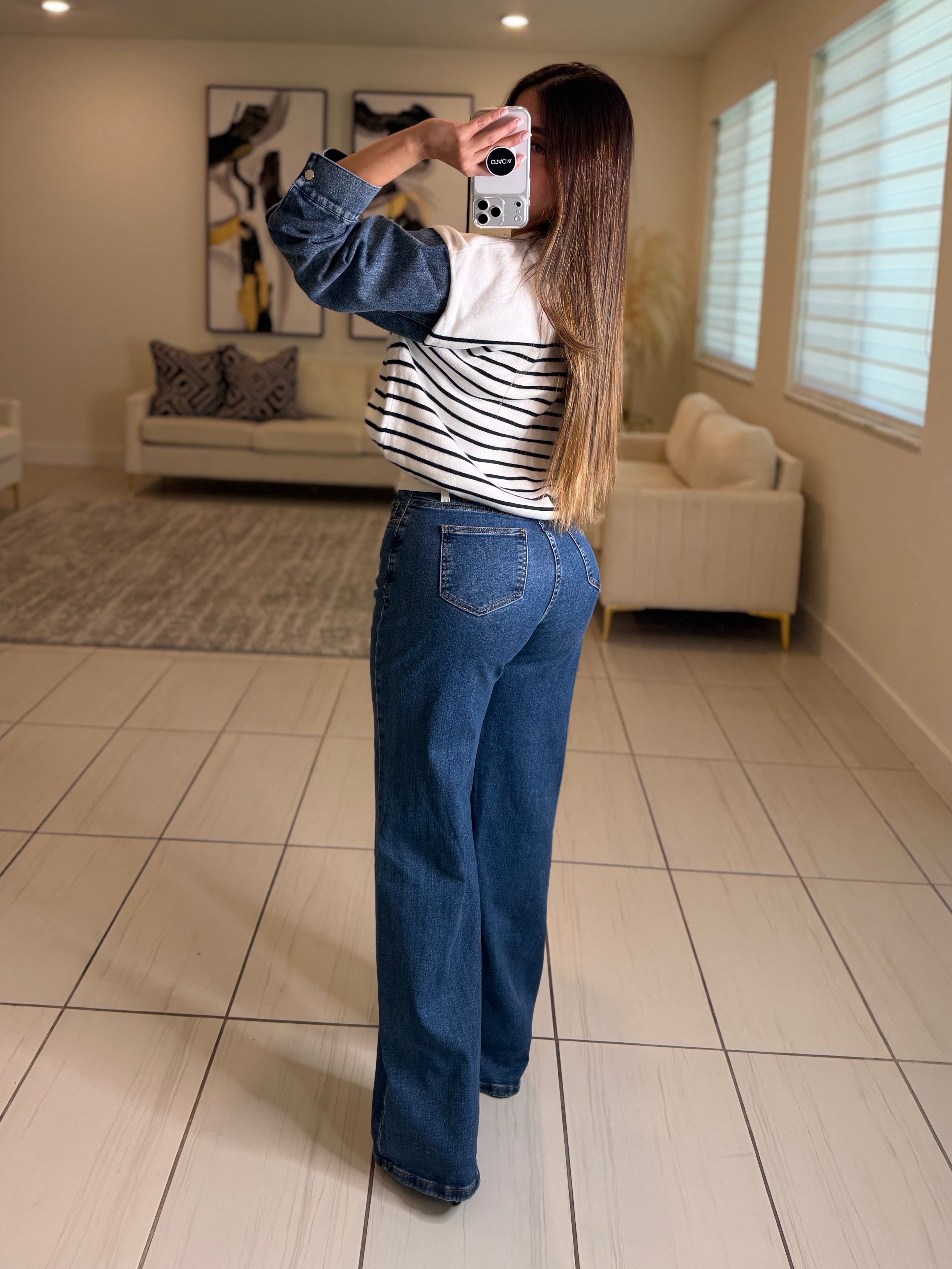 New York Denim and White Sweater